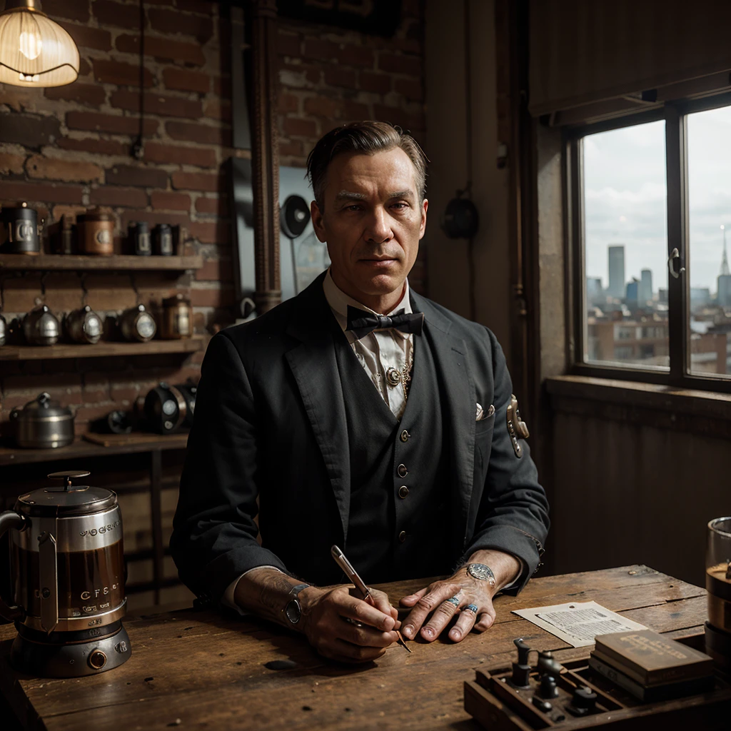 An old steampunk cyborg styled after a proper gentleman, he sits in a study brewing coffee. A large window looks over the city below