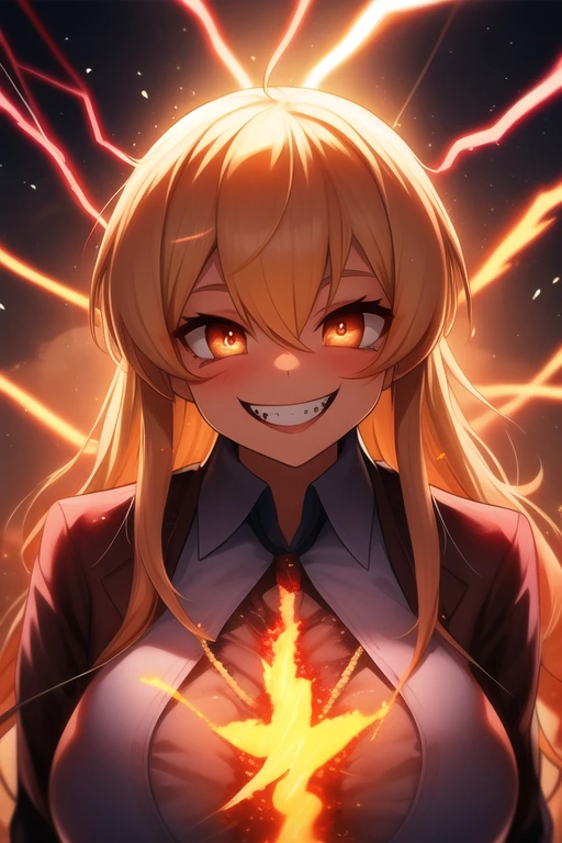 1 chica, busty big tit pelo volador, ojos rojos, bruja de fuego, sangre en la cara, light particles, lightning bolts, fondo de pantalla, vistoso, alto contraste, vampiro, sonrisa afectada, sonrisa maligna, psychopathic sonrisa afectada, psychopathic smile, cabeza inclinada