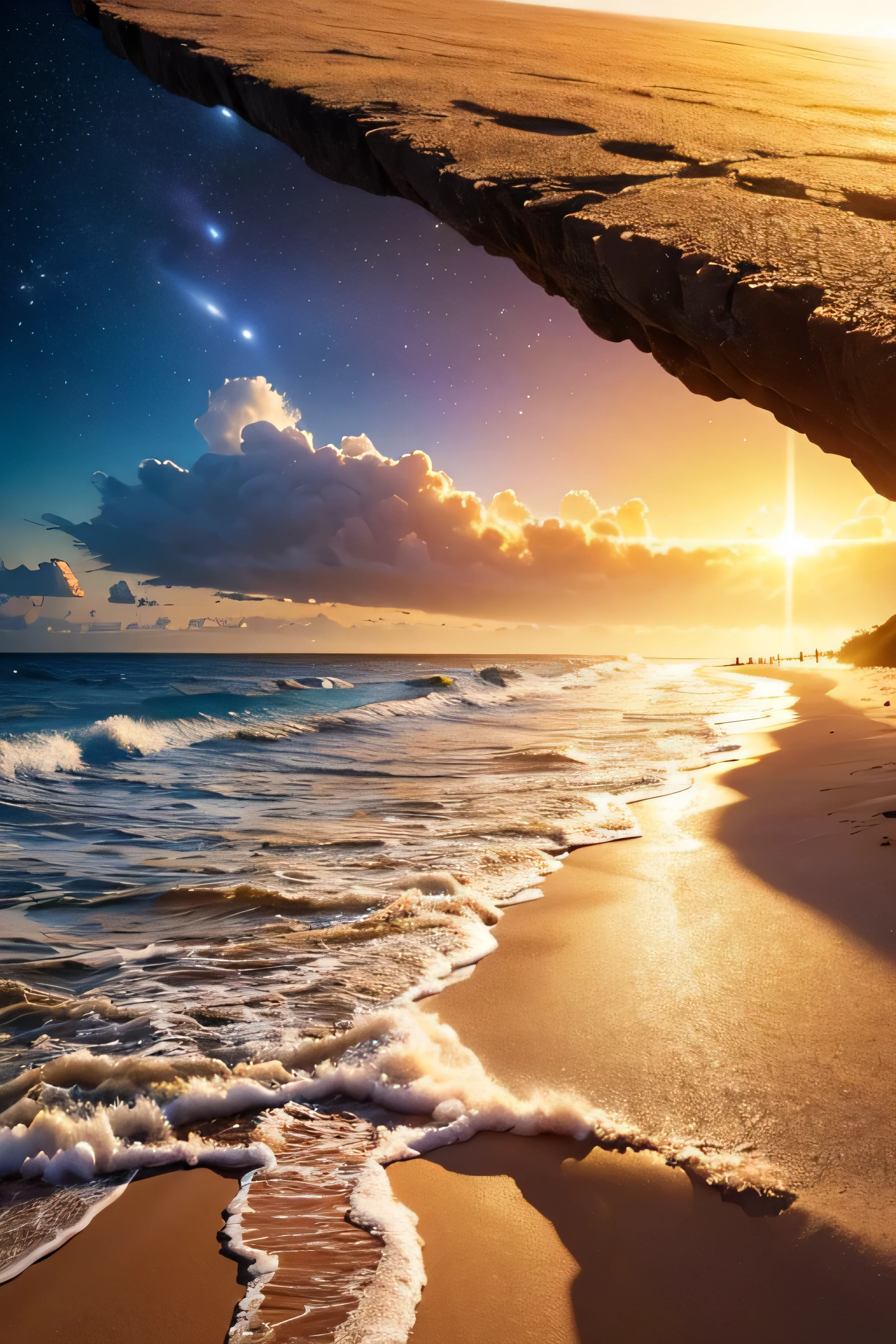 Hyper realistic 8k, ultra detailed, (Best Quality digital illustration Masterpiece of planet Earth in outer space), ((No Man)) (Beautiful planet Earth Illustration), (Beautiful Beach Shore), (Golden Sand), ((Waves in the distance)), (Bright Sun), (Hyperdetail, Dynamic Camera), (Wide Angle), (Celestial Lighting), (Vivid Colors and Saturation), (trending on artstation,