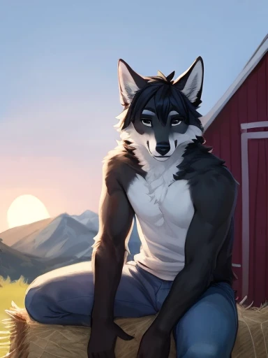 Big chest, Daniel 
A black, white and grey anthropomorphic male wolf  with blue eyes and black hair wearing a blue handkerchief and jeans at a farm in a barn on bundle of hay in a silly pose and Happy,pose))) , big chest , day, , sensual, detailed, uploaded to e621, beautiful and detailed portrait of an anthropomorphic , (((male))) uploaded to e621, zaush, foxovh, movie lighting, thicc, alone, detailed, 8k res, hires, detailed eyes, good anatomy, good perspective, towards viewer, by bebebebebe, by sicklyhypnos, by gerkk, by orf, nice hands, perfect hands, happy, romantic, ray tracing lighting, rtx on, By Bebebebebe, by SpiritD, by KOBITOWANI, b est quality, masterpiece, perfect anatomy, detai led picture)), 1femboy, , sexy body, fluffy tail, shy, horny, romantic, Daniel 
A black, white and grey anthropomorphic male wolf  with blue eyes and black hair wearing a blue handkerchief and jeans at a farm in a barn on bundle of hay in a silly pose and Happyin, in the mountain, sitting on a wooden log, bonfire, near tent in the backgroundin the mountain, sitting on a wooden log, bonfire, near tent in the background