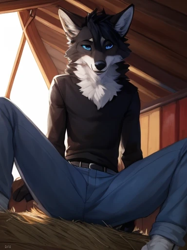 Big chest, Daniel 
A black, white and grey anthropomorphic male wolf  with blue eyes and black hair wearing a blue handkerchief and jeans at a farm in a barn on bundle of hay in a silly pose and Happy,pose))) , big chest , day, , sensual, detailed, uploaded to e621, beautiful and detailed portrait of an anthropomorphic , (((male))) uploaded to e621, zaush, foxovh, movie lighting, thicc, alone, detailed, 8k res, hires, detailed eyes, good anatomy, good perspective, towards viewer, by bebebebebe, by sicklyhypnos, by gerkk, by orf, nice hands, perfect hands, happy, romantic, ray tracing lighting, rtx on, By Bebebebebe, by SpiritD, by KOBITOWANI, b est quality, masterpiece, perfect anatomy, detai led picture)), 1femboy, , sexy body, fluffy tail, shy, horny, romantic, Daniel 
A black, white and grey anthropomorphic male wolf  with blue eyes and black hair wearing a blue handkerchief and jeans at a farm in a barn on bundle of hay in a silly pose and Happyin, in the mountain, sitting on a wooden log, bonfire, near tent in the backgroundin the mountain, sitting on a wooden log, bonfire, near tent in the background