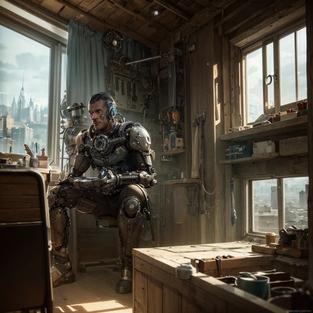 a proper gentleman cyborg steampunk, sitting in a study brewing coffee, large window overlooking city, intricate gears and mechanisms, rugged yet refined details, warm lighting, cinematic composition, high contrast, moody atmosphere, chiaroscuro lighting, photorealistic, 8k, high quality, masterpiece