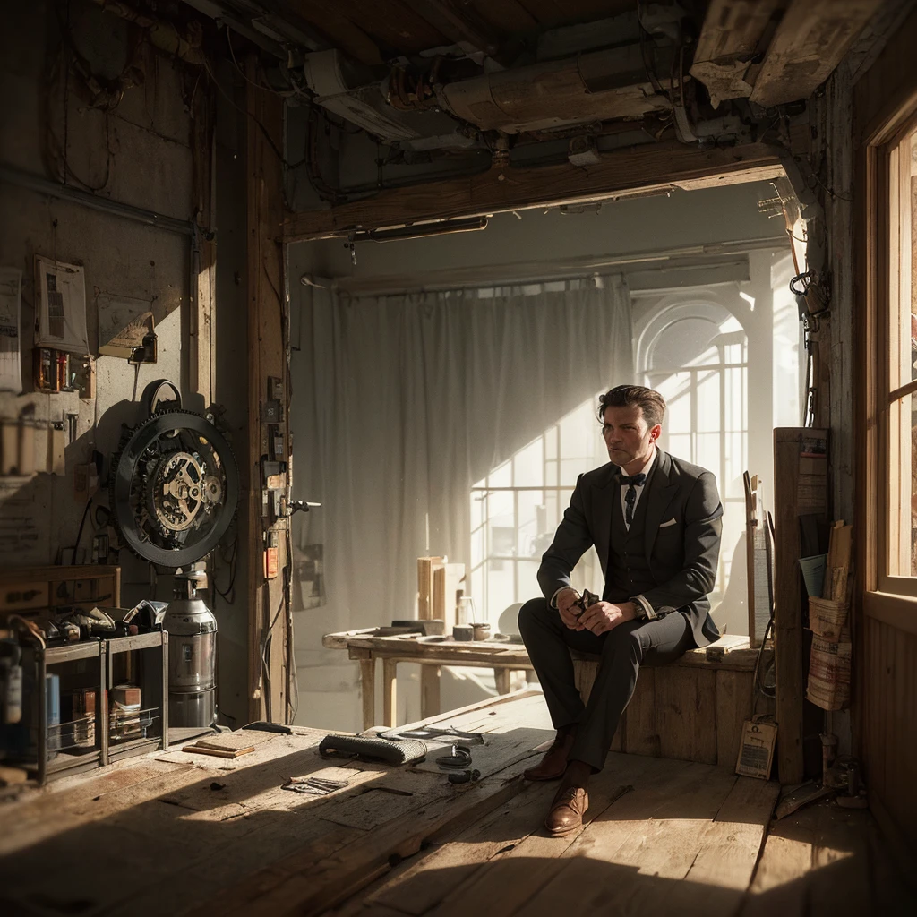 a proper gentleman cyborg steampunk, sitting in a study brewing coffee, large window overlooking city, intricate gears and mechanisms, rugged yet refined details, warm lighting, cinematic composition, high contrast, moody atmosphere, chiaroscuro lighting, photorealistic, 8k, high quality, masterpiece