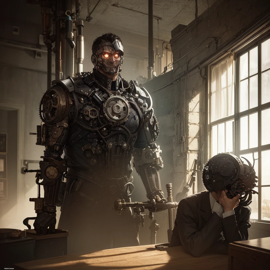 a proper gentleman cyborg steampunk, sitting in a study brewing coffee, large window overlooking city, intricate gears and mechanisms, rugged yet refined details, warm lighting, cinematic composition, high contrast, moody atmosphere, chiaroscuro lighting, photorealistic, 8k, high quality, masterpiece