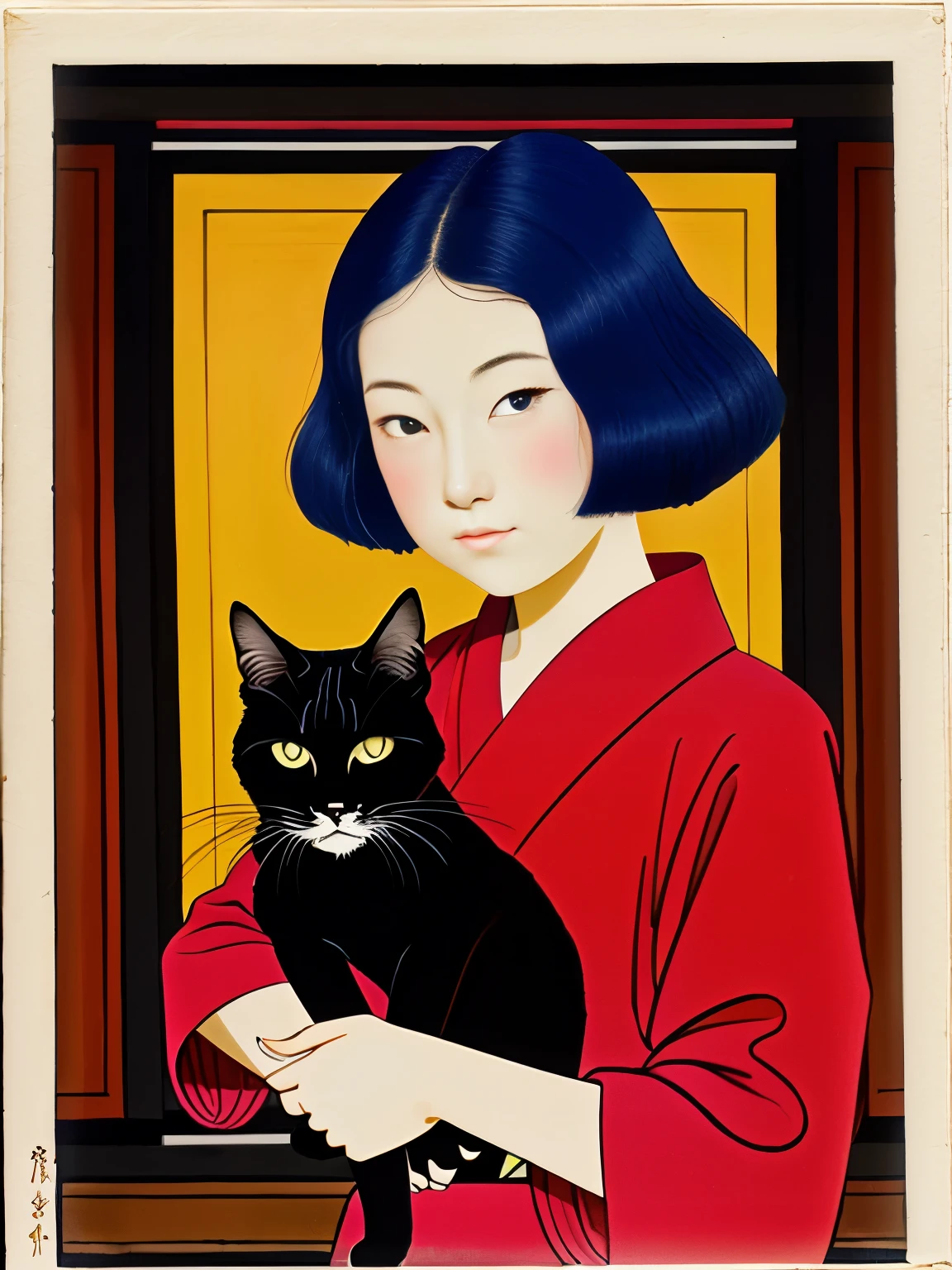 Ukiyo-e:1.9、Utamaro、woodblock print、woodblock print、otherscape、SF、((Girl and cat))、Detailed face、Beautiful Eyes、Elegant kimono、Intricate floral pattern、Delicate skin、Natural light、A calming color palette、Soft Focuasterpiece