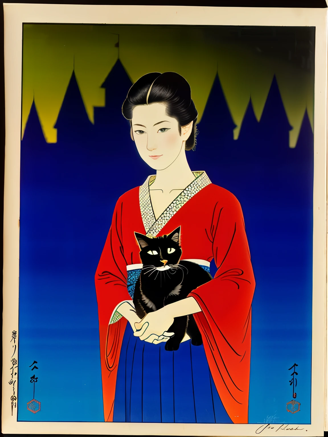 Ukiyo-e:1.9、Utamaro、woodblock print、woodblock print、otherscape、SF、((Girl and cat))、Detailed face、Beautiful Eyes、Elegant kimono、Intricate floral pattern、Delicate skin、Natural light、A calming color palette、Soft Focuasterpiece