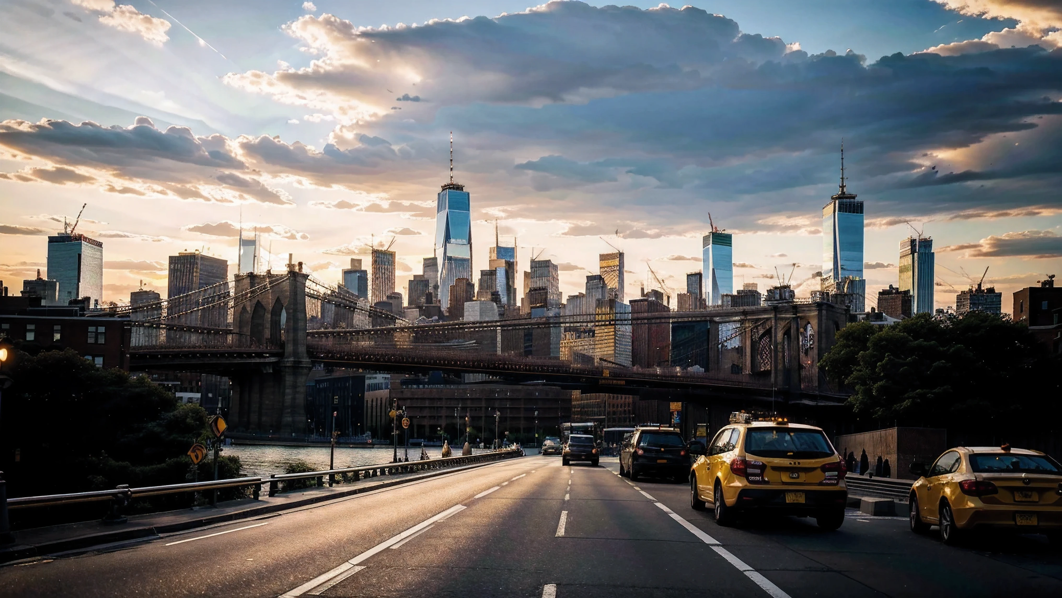 1girl, brooklyn street, new york city, brooklyn bridge, east river, downtown manhattan skyline, yellow taxi cabs, city buildings, skyscrapers, busy traffic, asphalt road, (best quality,8k,highres,masterpiece:1.2),ultra-detailed,(realistic,photorealistic,photo-realistic:1.37),cinematic lighting,cinematic composition,vibrant colors,dramatic shadows,intricate details,architectural elements,cityscape,urban scene