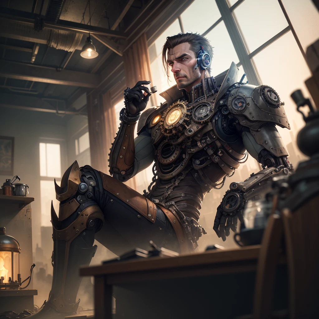 a proper gentleman cyborg steampunk, sitting in a study brewing coffee, large window overlooking city, intricate gears and mechanisms, rugged yet refined details, warm lighting, cinematic composition, high contrast, moody atmosphere, chiaroscuro lighting, photorealistic, 8k, high quality, masterpiece
