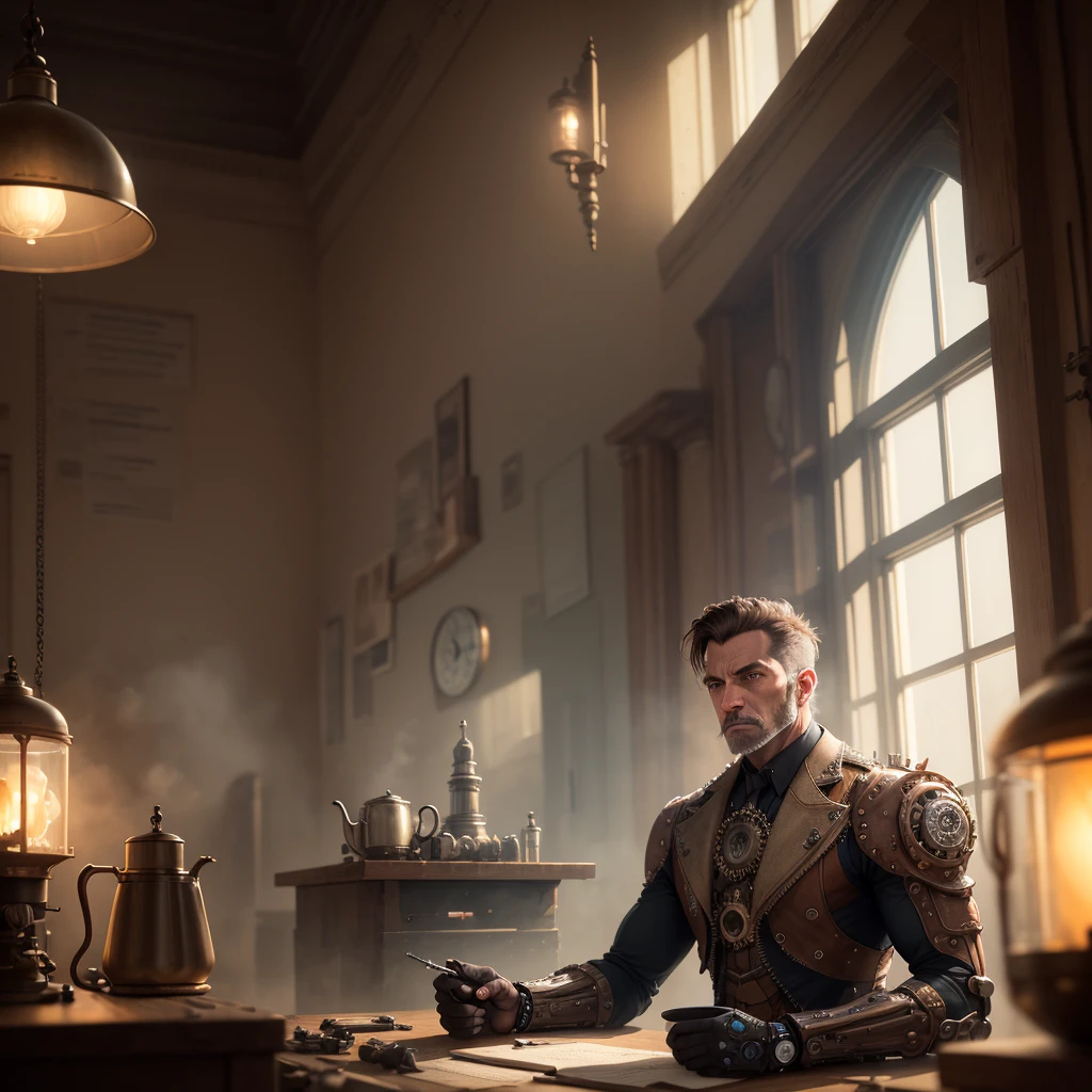 a proper gentleman cyborg steampunk, sitting in a study brewing coffee, large window overlooking city, intricate gears and mechanisms, rugged yet refined details, warm lighting, cinematic composition, high contrast, moody atmosphere, chiaroscuro lighting, photorealistic, 8k, high quality, masterpiece
