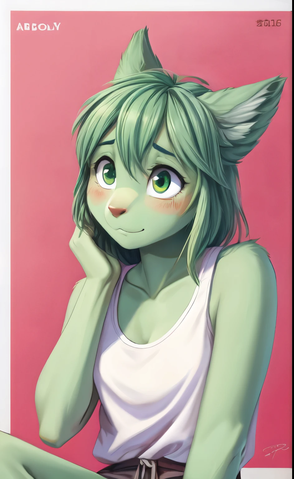 The upper body of a 29-year-old casual woman, with a shy expression, expressed in green gradation in both the subject and the background.