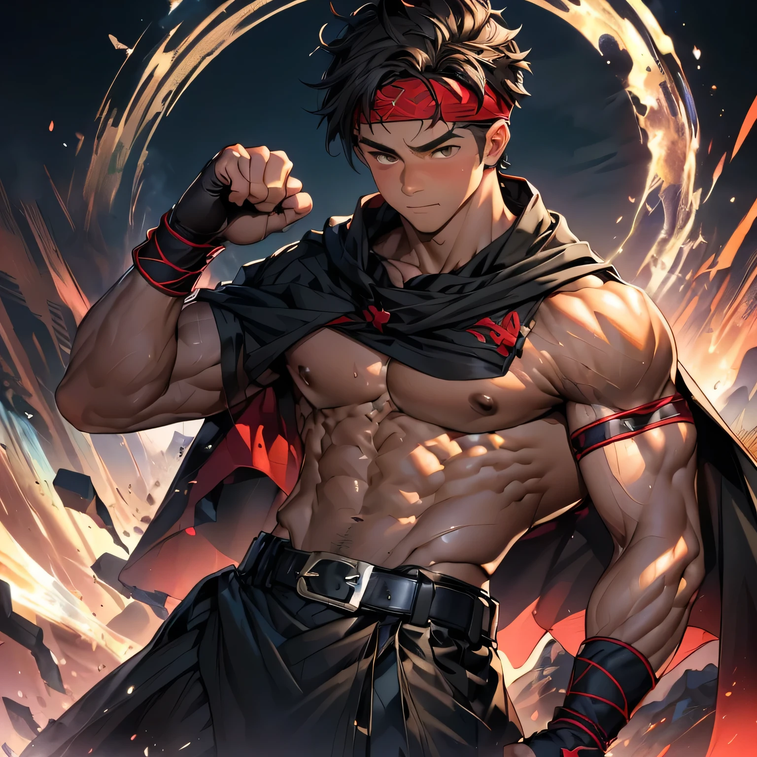 (Masterpiece, Best quality 19 year old boy, black background), solo, Young, boy, muscler, (Dark Short straight hair, under cut, brown eyes, topless), (red headband, ((fingerless gloves, belt, black wristband, long cloak))), (hot Abs:1.2, abs!, big abs, big breast:1.2, chest!, upper arms), Vivid colors, muscler body, (aura power:1.4), detailed face, detailed muscle, (((A magical mystical aura, rippling muscles, chilling atmosphere, subtle color tones, dynamic pose, intense action scene)))