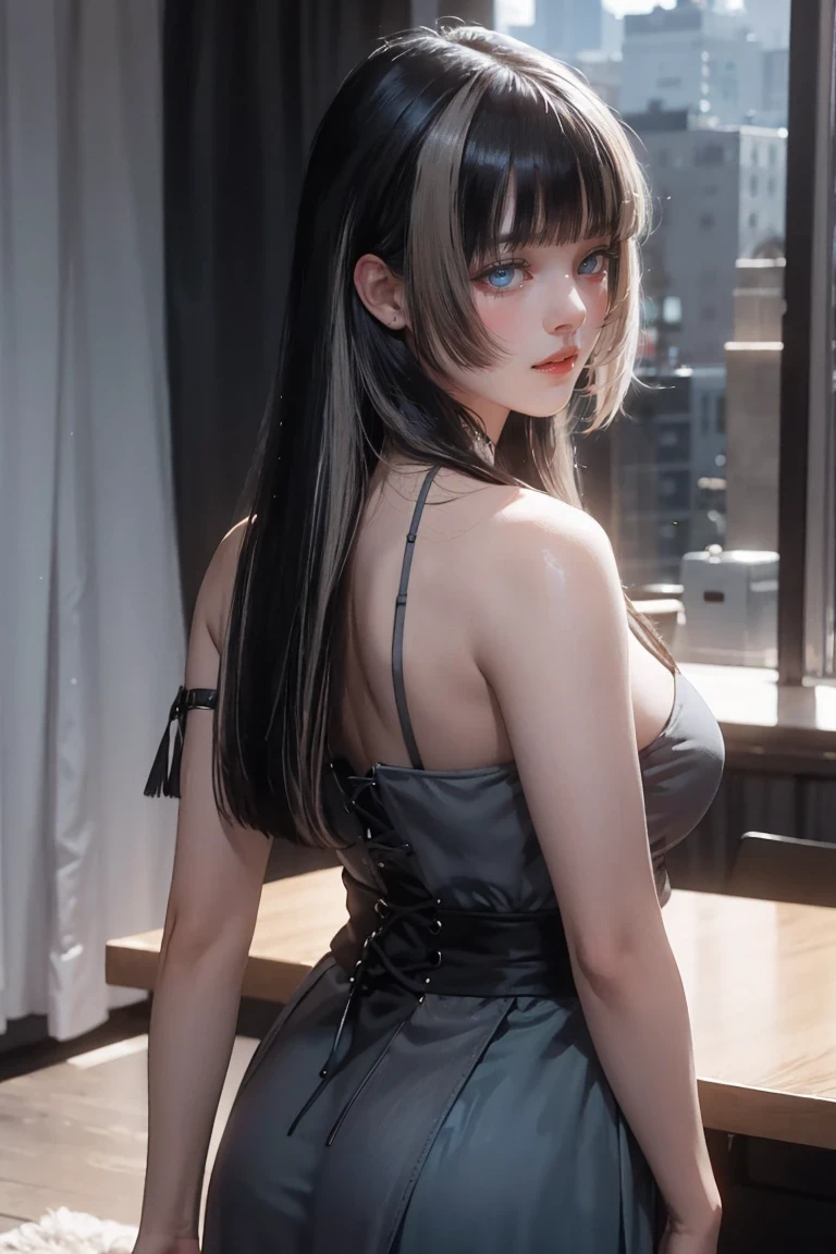View from behind、(Realistic painting style:0.9), Tabletop, One Girl, alone, chest, Long Hair, Black see-through dress, Grey Hair, Chest cleavage, View your audience, smile, Mouth closed, bangs, Grey Eyes, Big Breasts, Expose your shoulders, Large chest, Sexy pose、View from behind,Sexy Style