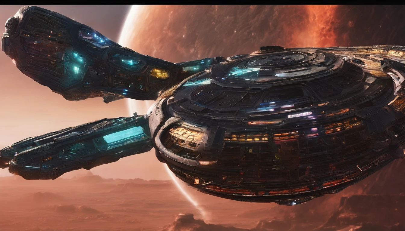 The massive spacecraft is in space orbiting a (((mesmerizing Giant Mercury-Earth-like planet with a vibrant multicolored surface creating a stunning visual effect))). The starry cosmos in the background is filled with additional starships, each gracefully interacting in space.The breathtaking, cinematic 3D render of a futuristic steampunk starship that ((((masterfully fuses elements of bubble shaped 1974 Winnebago into the starship's bridge))), and a G'Quan Class Heavy Battle Cruiser from Babylon 5, for the mid section of the starship, and (((the front of a closed sandal, that has wired construction for it's straps))).The bridge is in the top center of the starship This starship has a rustic snake skinned surface, and green matte, for its colors., architecture, cinematic, conceptual art, portrait photography, vibrant glass