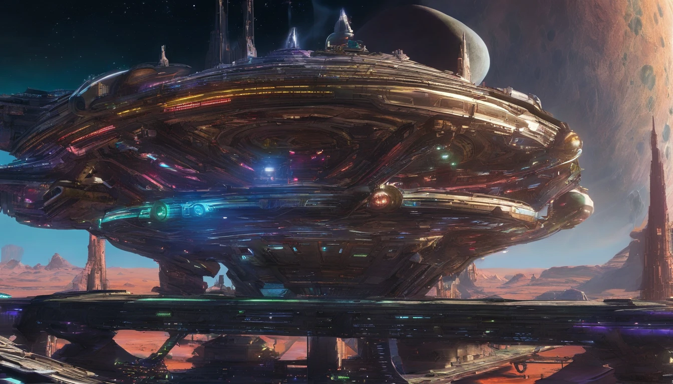 The massive spacecraft is in space orbiting a (((mesmerizing Giant Mercury-Earth-like planet with a vibrant multicolored surface creating a stunning visual effect))). The starry cosmos in the background is filled with additional starships, each gracefully interacting in space.The breathtaking, cinematic 3D render of a futuristic steampunk starship that ((((masterfully fuses elements of bubble shaped 1974 Winnebago into the starship's bridge))), and a G'Quan Class Heavy Battle Cruiser from Babylon 5, for the mid section of the starship, and (((the front of a closed sandal, that has wired construction for it's straps))).The bridge is in the top center of the starship This starship has a rustic snake skinned surface, and green matte, for its colors., architecture, cinematic, conceptual art, portrait photography, vibrant glass 
