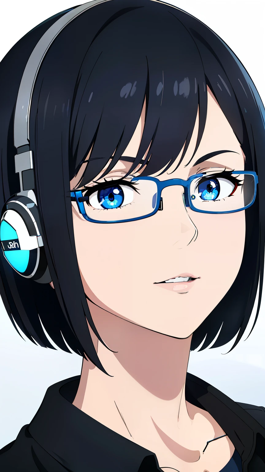(best quality:1.5, highres, UHD, 4K, detailed lighting, shaders), black hair, short hair, sleek bob hair, cool woman, cool girl, sharp eyes, blue eyes, beautiful, (pov, close shot), simple background, casual clothes, with headphones, with glasses