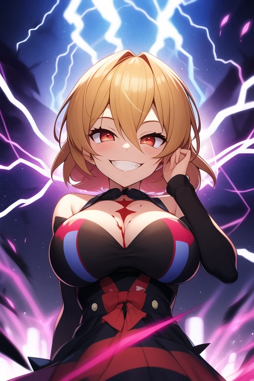 1 chica, busty big tit pelo volador, ojos rojos, bruja de fuego, sangre en la cara, light particles, lightning bolts, fondo de pantalla, vistoso, alto contraste, vampiro, sonrisa afectada, sonrisa maligna, psychopathic sonrisa afectada, psychopathic smile, cabeza inclinada