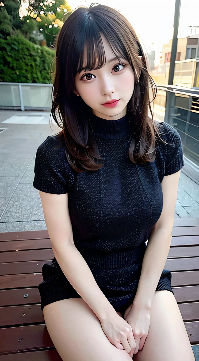 (8k, RAW Photos:1.2),Detailed face and eyes,最high quality, 超A high resolution, Very detailed ,Intricate details ,Tabletop ,pretty girl , Soft cinematic light, Hyper Detail,Sharp focus, high quality,Black-haired, Short hair with bangs,  outside, knit, mini skirt, panties, Peeking from below