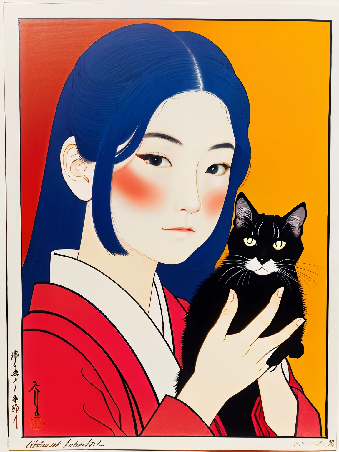 Ukiyo-e:1.9、Utamaro、woodblock print、woodblock print、otherscape、SF、((Girl and cat))、Detailed face、Beautiful Eyes、Elegant kimono、Intricate floral pattern、Delicate skin、Natural light、A calming color palette、Soft Focuasterpiece