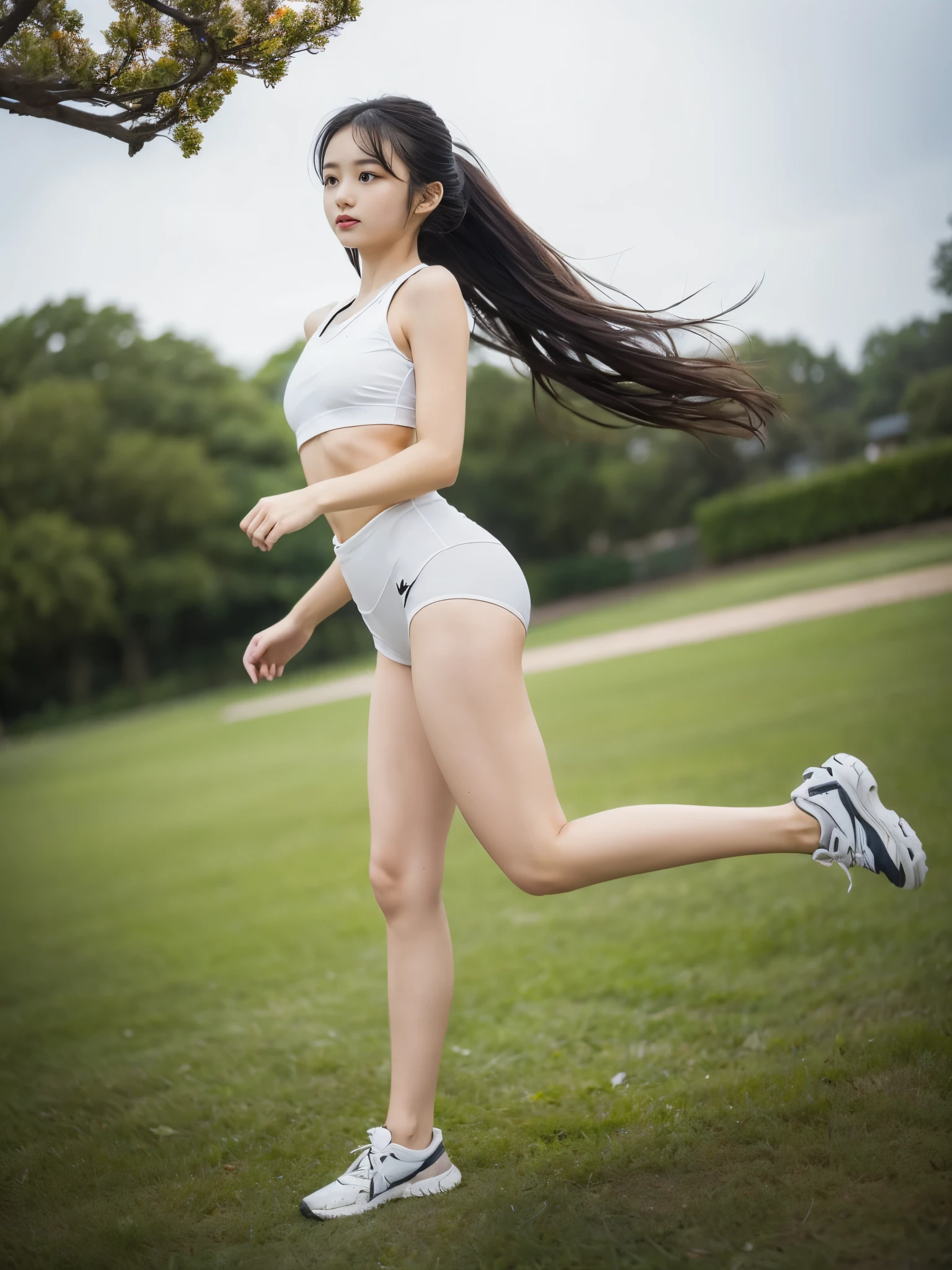 (masterpiece, highest quality:1.4), Award-winning portraits, 8k, 85mm, alone, Beautiful Face, Delicate girl,  (On the grass), Sophisticated, cute, , RAW Photos, Confused, High resolution, Sharp focus, Background blur、(((Flat  、thin and delicate body、Childish atmosphere)))、shiny semi-long hair、ponytail、Small mole on the left cheek、 Dark brown eyes、Hair swaying in the wind、sexy、Flexible legs、Simple gym clothes without text、Run、Jump