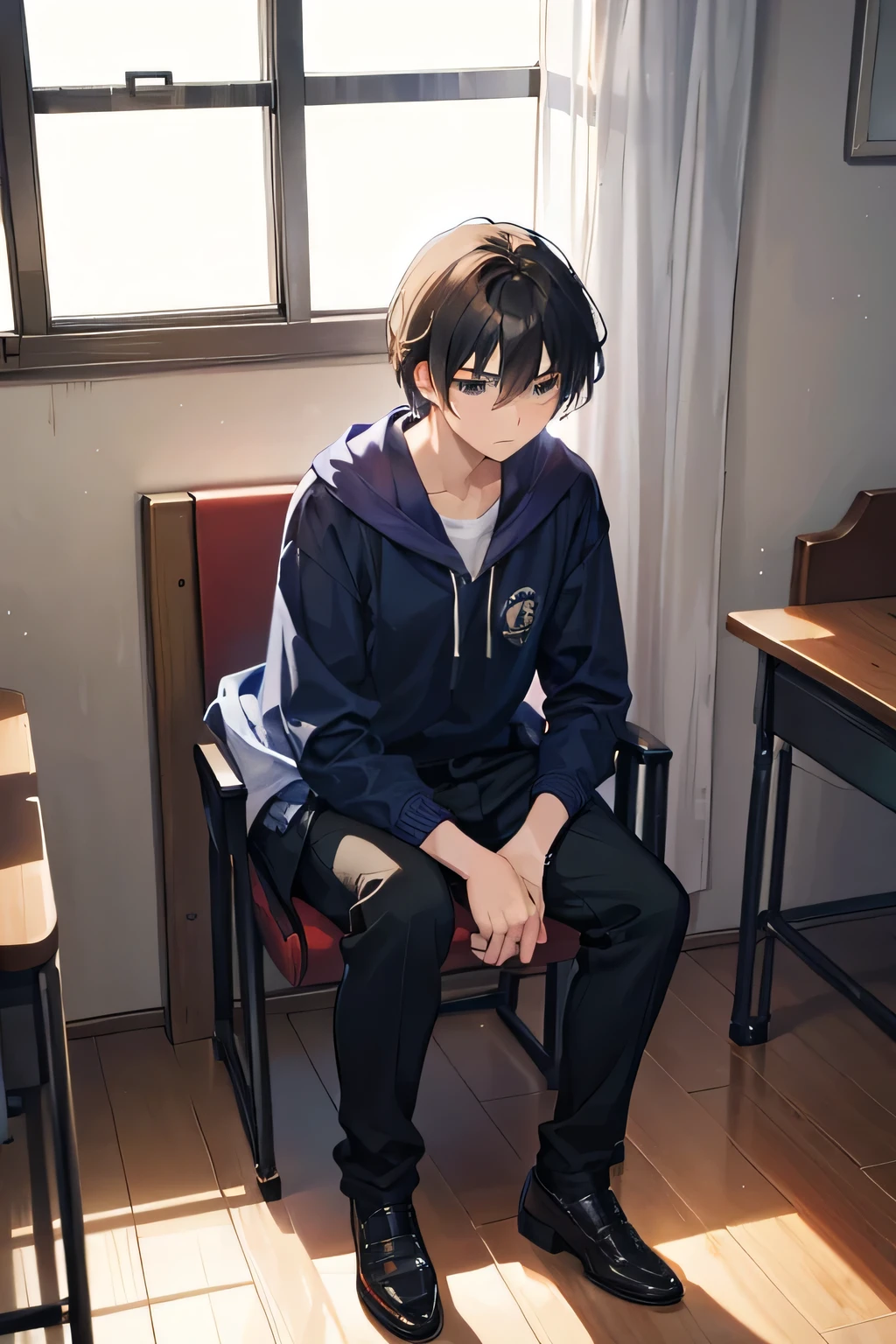 Young  high school boy , sitting with an upset and gloomy look, while his classmates murmur things.