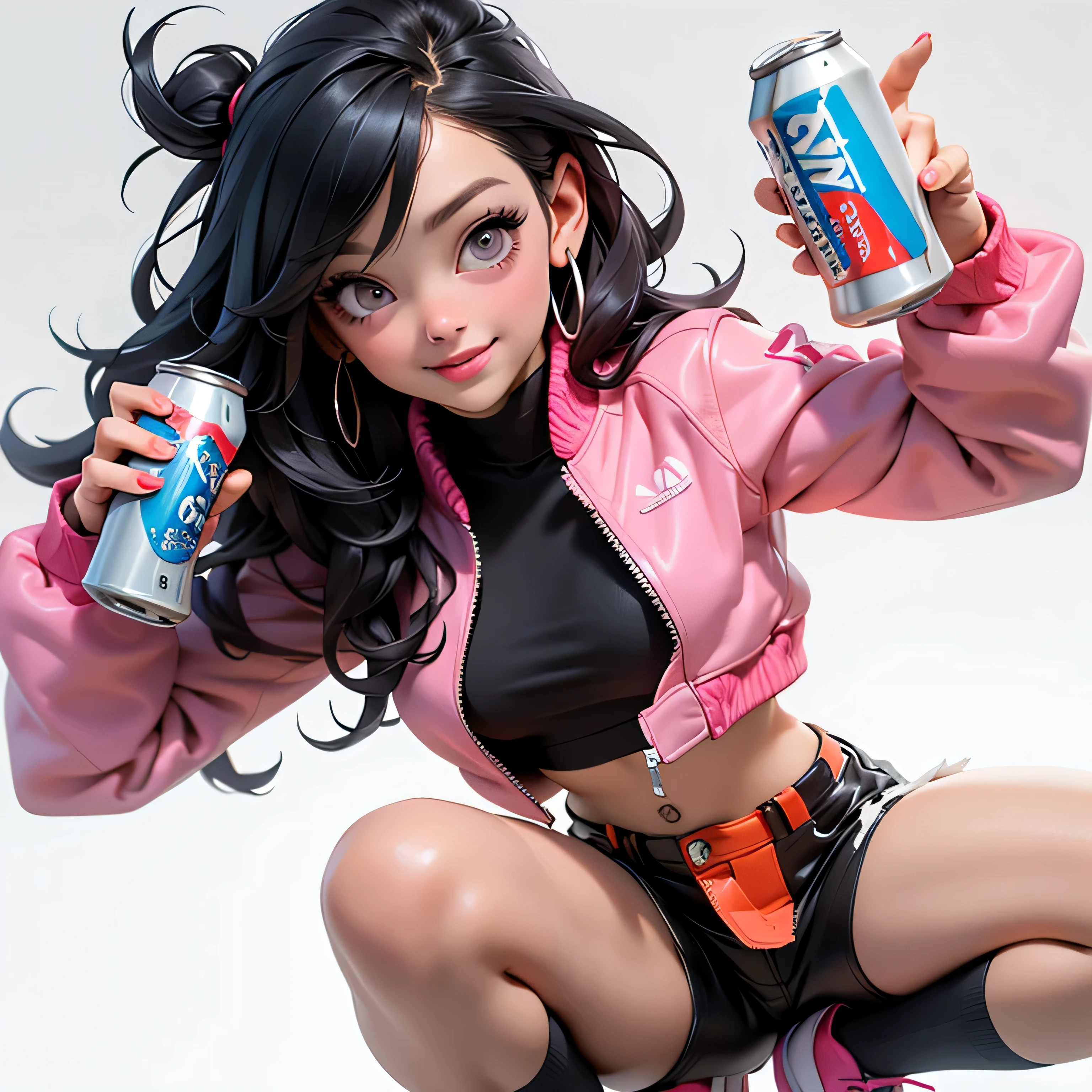 ((Best Quality, best resolution, award-winning portrait, official art)), ((perfect Masterpiece)), ((Realistic)) and ultra-detailed photography of a 1nerdy girl with goth and post apocalyptic colors. She has ((long whispy long Black-colored hair)), wears a (Pink Bomber Jacket with a white Tshirt and a Black Crop top) and a (Harajuku-inspired shorts:1.2) , ((the most beautiful and sexy aesthetic)), Holding a soda can, Show the whole body, Leaning back, Head tilt, winking, laughting, white background, Smiling. Knee high socks,  Dynamic pose Full Body, falling from sky