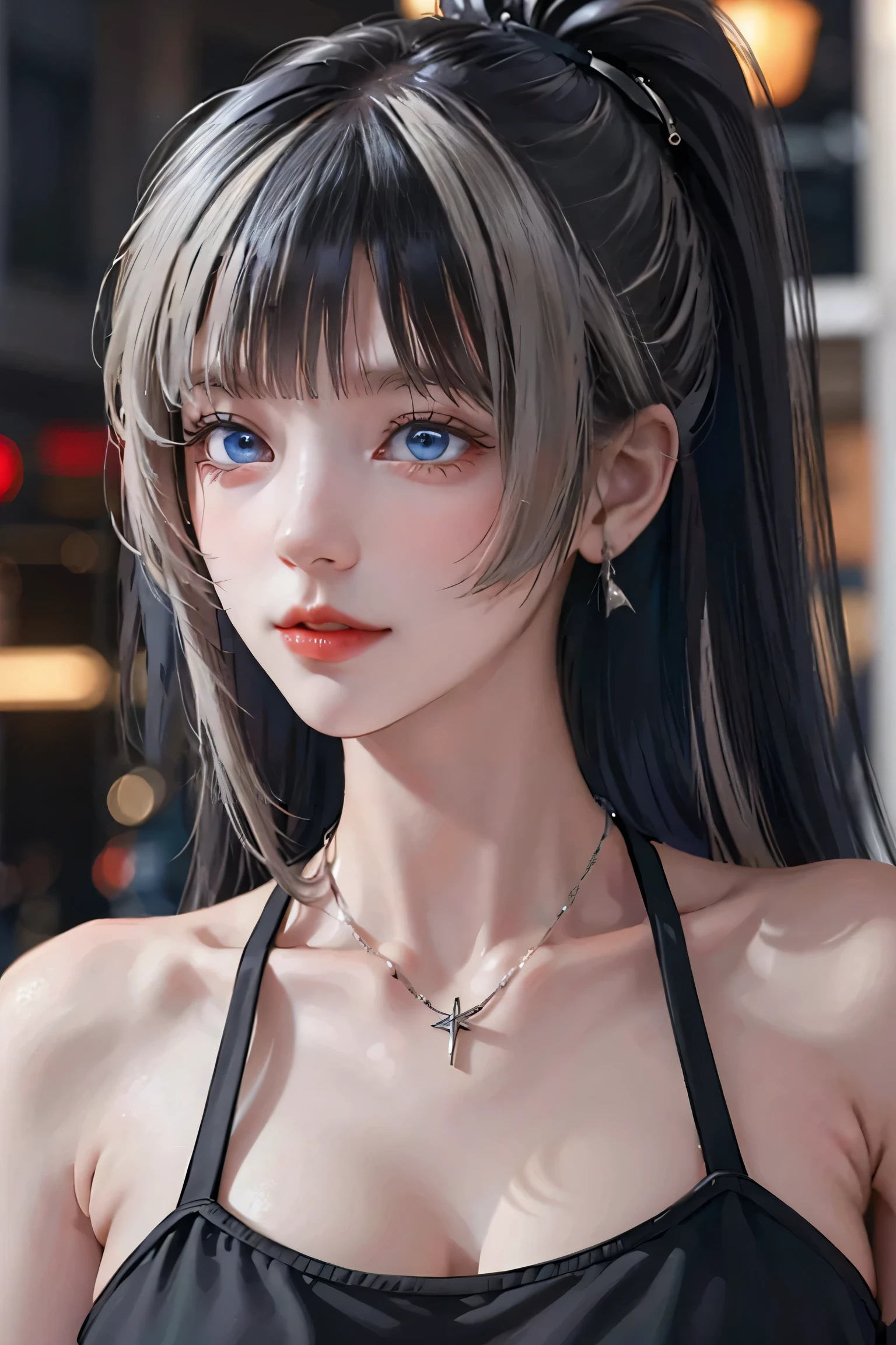 beautiful girl college student, masterpiece, light makeup, Red lips, Silver Hair, Disheveled long hair, Street background, beautiful, elegant. Extremely fine detail, Master Works, Authentic texture, Realism in film lighting, Perfect job, 16k, High resolution, exquisite features,blue eyes、Japanese Idols、Beautiful face、Cute Smile、Brown Hair、beautiful hair、ponytail、glamorous、 Big Breasts、Erect nipples、Greasy muscle、Shiny skin、Sunburned skin、Shining black skin、Wearing a bra top and thong, Bright big eyes, Smooth Skin, Earrings, necklace, tattoo