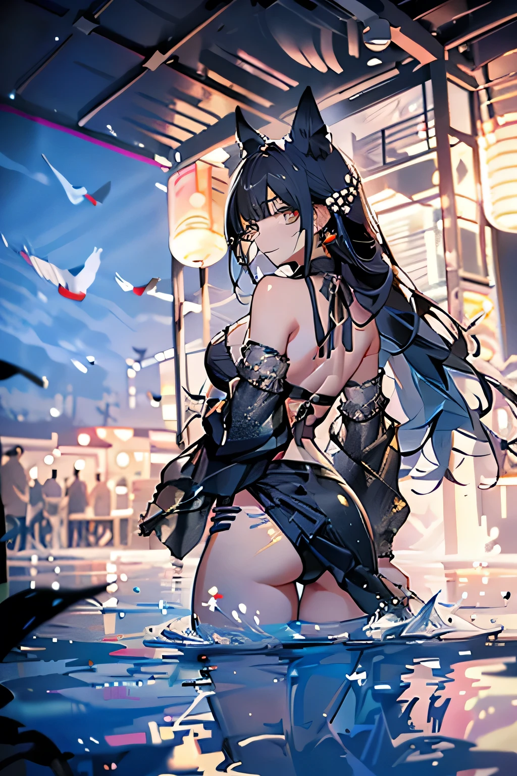 ((panty shot)),((lifting skirt)),((white panties focus)),(low angle,from below),((masterpiece, highest resolution,best quality)), (beautiful illustration), ((semi long beautiful black hair,blunt bangs,pony tail,beautiful eyes)),(solo),(elegant swimsuit, bikini,),(looking at the viewer), (bathing in the sea),(innocent cute laugh), (cinematic lighting),beach, sand, night sky, full moon,waves, coconut tree,fish,boat,sea gull,