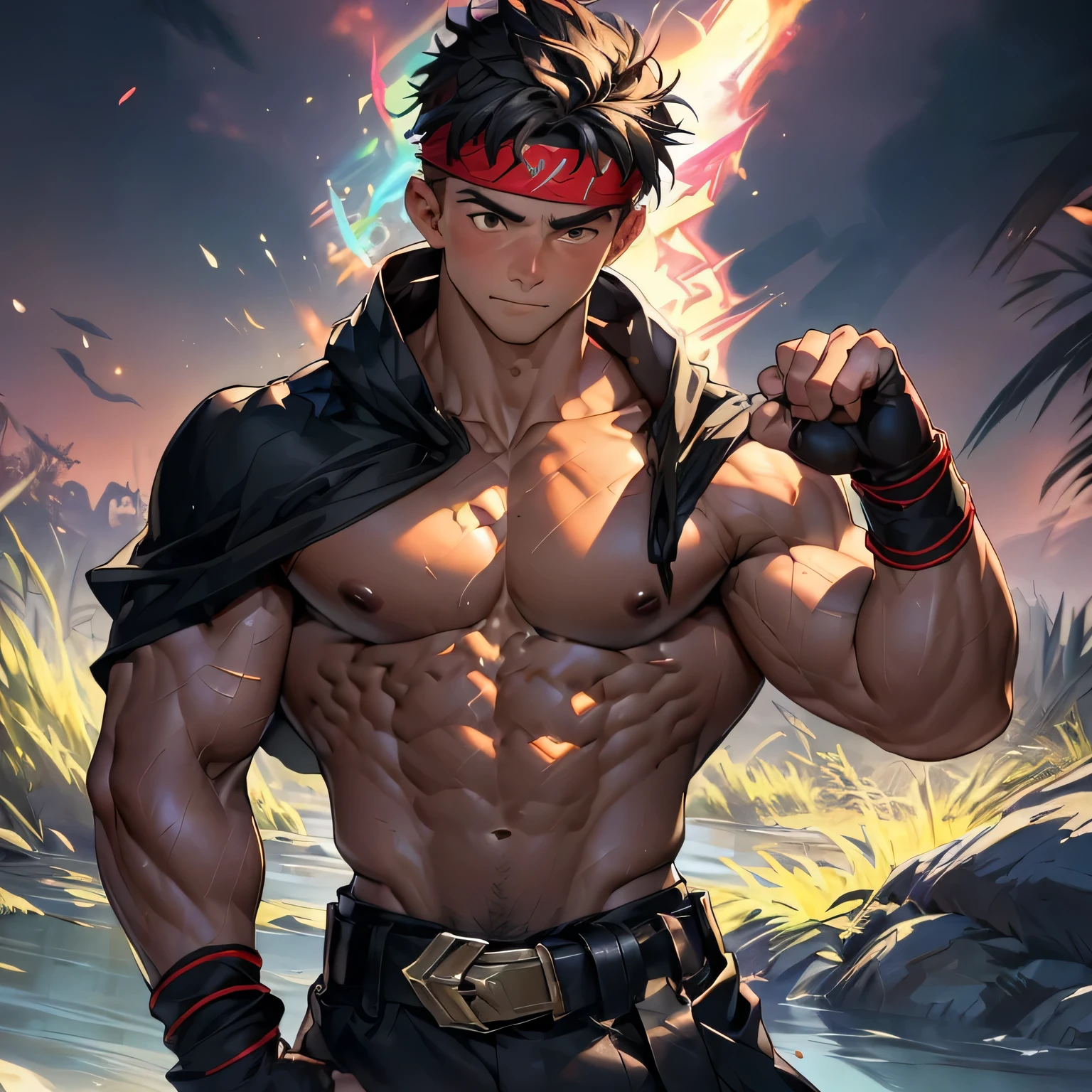 (Masterpiece, Best quality 19 year old boy, black background), solo, Young, boy, muscler, (Dark Short straight hair, under cut, brown eyes, topless), (red headband, ((fingerless gloves, belt, black wristband, long cloak))), (hot Abs:1.2, abs!, big abs, big breast:1.2, chest!, upper arms), Vivid colors, muscler body, (aura power:1.4), detailed face, detailed muscle, (((A magical mystical aura, rippling muscles, chilling atmosphere, subtle color tones, dynamic pose, intense action scene)))