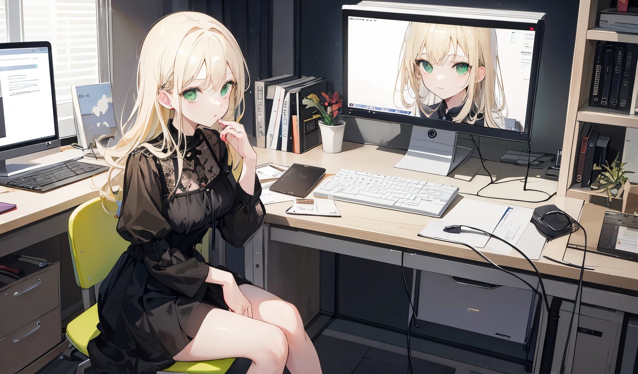 ((best quality)), ((masterpiece)), (detailed), A woman with a perfect face, long hair, light blonde hair, a black dress, sitting on a chair in front of a desk, light green eyes, a computer on the desk.