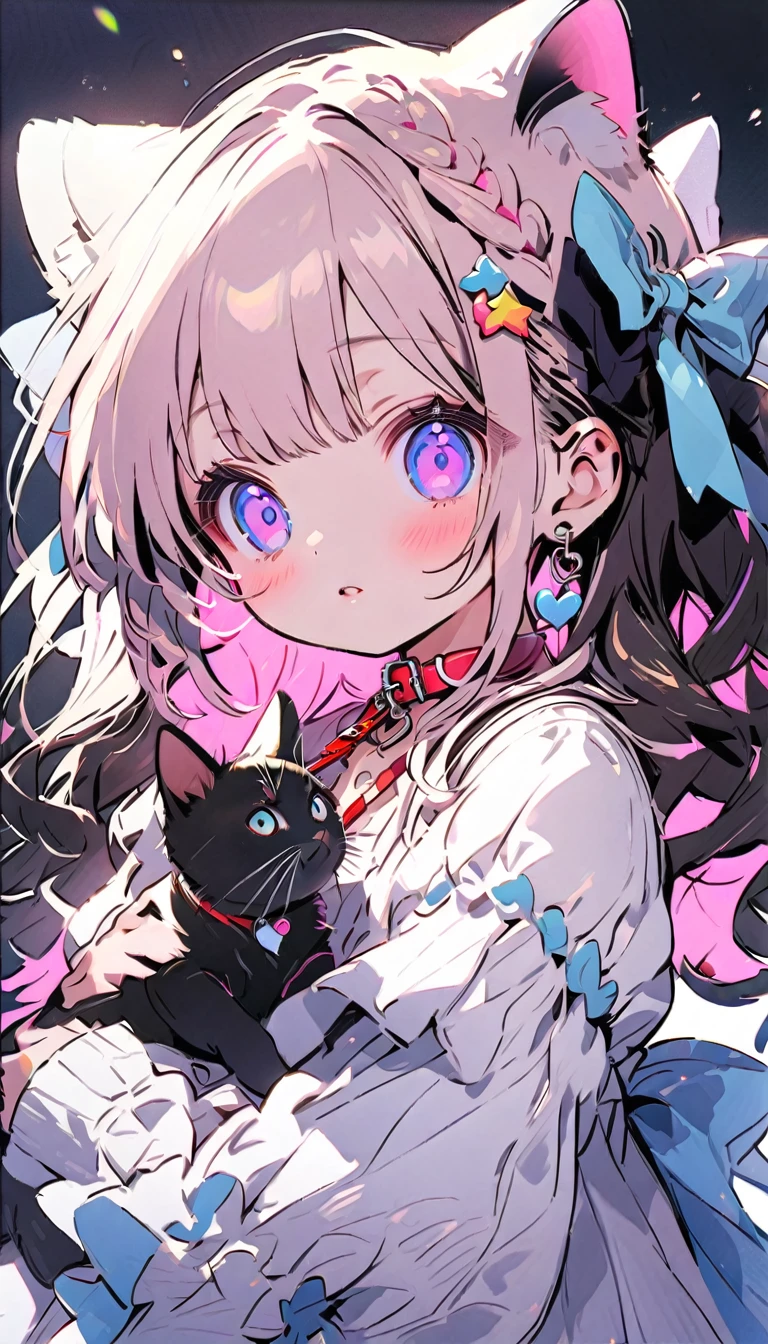 colorful outlines,2female\(small kid,cute,kawaii,age of 10,2pigtails hair,curly hair,hair color cosmic,big eyes,eye color cosmic,cute dress,holding leash\) AND 2female\(cat,kitten,leash from neck,kitten,white fur\), BREAK ,background\(beautiful garden,duppled sunlight,flowers\), BREAK ,quality\(8k,wallpaper of extremely detailed CG unit, ​masterpiece,hight resolution,top-quality,top-quality real texture skin,hyper realisitic,increase the resolution,RAW photos,best qualtiy,highly detailed,the wallpaper,cinematic lighting,ray trace,golden ratio\)