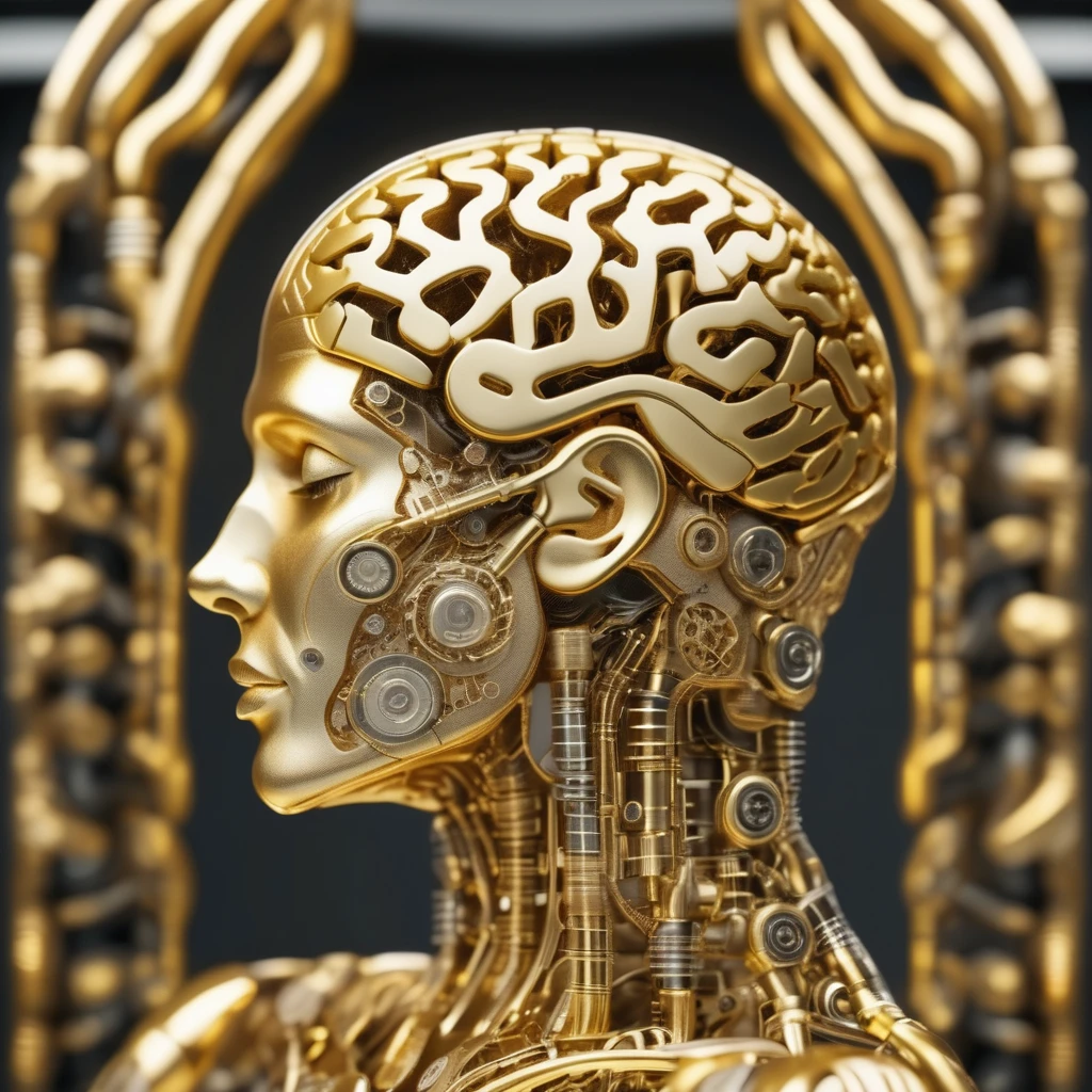 Golden biomechanical human brain timeart