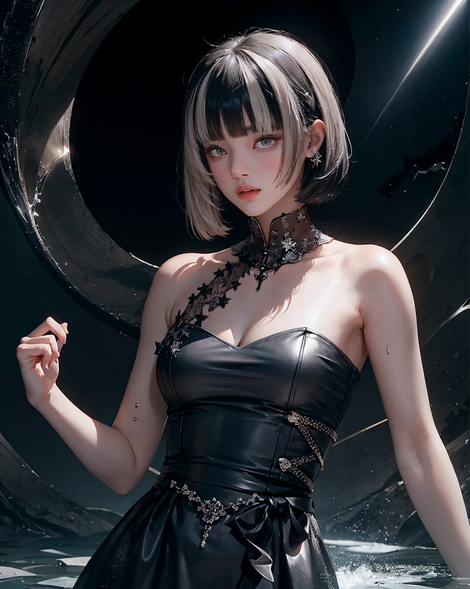 Silver-haired, short hair, Upper Body, Standing in water, Parted bangs, Modern, Surreal, Cinema Lighting, Chiaroscuro, masterpiece, Textured skin, High resolution, high quality, High detail, Beautiful Face, big, pronounced cleavage, Translucent clothing, Starry Sky, Grey Eyes, Big Breasts, Expose your shoulders, Large 胸, Sexy pose、