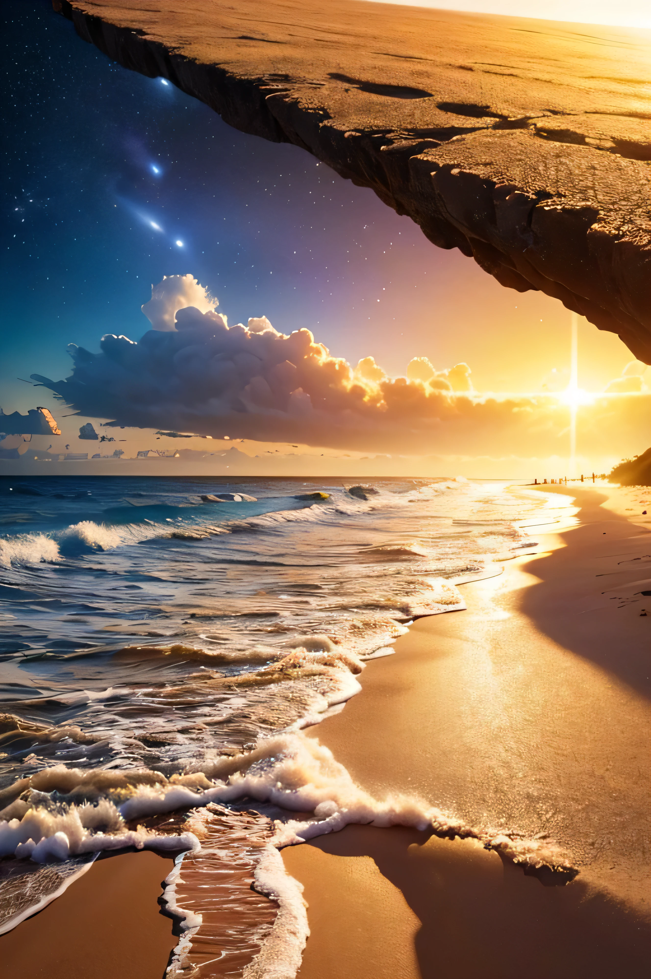 Hyper realistic 8k, ultra detailed, (Best Quality digital illustration Masterpiece of planet Earth in outer space), ((No Man)) (Beautiful planet Earth Illustration), (Beautiful Beach Shore), (Golden Sand), ((Waves in the distance)), (Bright Sun), (Hyperdetail, Dynamic Camera), (Wide Angle), (Celestial Lighting), (Vivid Colors and Saturation), (trending on artstation,