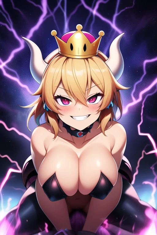 Bowsette 1 chica, busty big tit pelo volador, ojos rojos, bruja de fuego, sangre en la cara, light particles, lightning bolts, fondo de pantalla, vistoso, alto contraste, vampiro, sonrisa afectada, sonrisa maligna, psychopathic sonrisa afectada, psychopathic smile, cabeza inclinada nude body complete