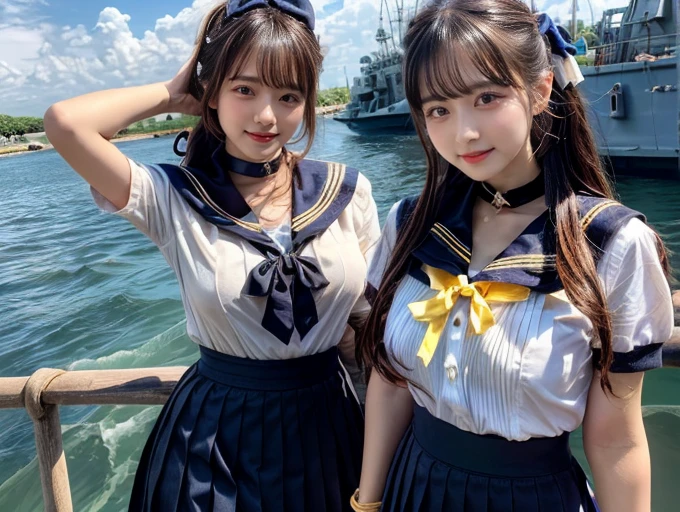 (((very heavy chest))),NSFW, 16k raw photos, highest quality, masterpiece, ultra high resolution, ((She is wearing Beautiful exposed redShe is wearing (a high school sailor uniform).
(navy sailor collar:1.4),(white shirt:1.4),(navy pleats skirt:1.4),(navy bow:1.4))).movie, ((2 girls, , 2 schoolgirls)),((attractive expression)),eyes shine、 looking at the viewer, natural skin texture very heavy chest))),((( metal black ribbon around the neck))).star handle mold、((yellow eyes)),Realistic eye and face details, lip whole, lipstick makeup), fluffy ponytail hair, laughter, Beautiful feet, tall woman, ((glowing skin)),((Beautiful armpit)), slim_feet, huge breasts, cleavage, beautiful natural places, beautiful flower garden、(detailed background,highly exposed, huge breasts, blurred background,, JK ribbon on the neck, jk ribbon, golden hair, bracelet, water, bangs, split your lips、armpit、beautiful hip line、glowing skin、(((eyes shine brightly))),lotion skin、High leg、((black hair)),highly exposed、Skimpy pink luxury fur coat、beautiful sea background、wind effect、
