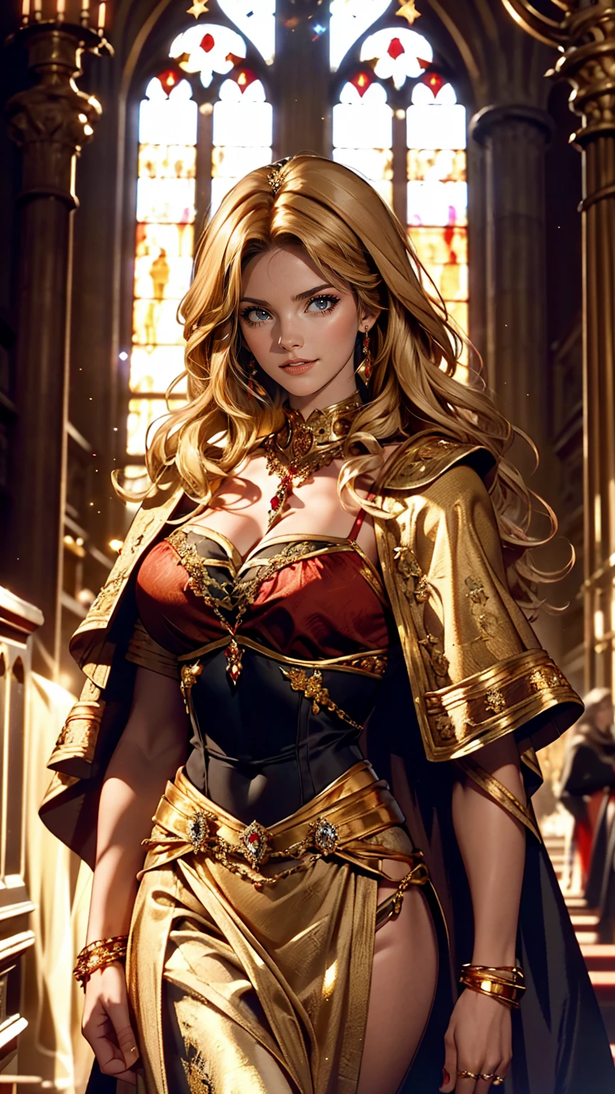 Dark Souls, Dim Light, Old Church, Mature Woman, slim, expensive, Long blonde curly hair, Long black cape, Red leotard with long skirt, Long skirt with diamonds, Gold bracelet, 8k, Official Style, European aristocracy,