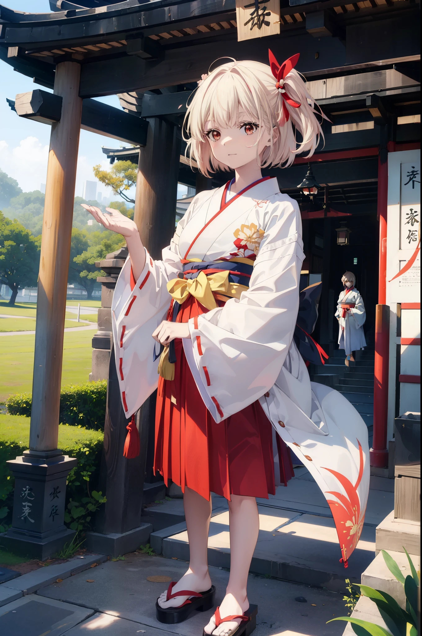 chisatonishikigi, Chisato Nishikigi, short hair, bangs, Blonde Hair, (Red eyes:1.5),happy smile, smile, Open your mouth, hair ribbon, One side up, Bobcut,Platycodon grandiflorum,Miko, White Kimono, kimono, Long red hakama,White tabi,Sandals,As with the skirt, Wide sleeves, Long sleeve, Ribbon-trimmed sleeves, Are standing, Daytime,Clear skies,Looking up from below,whole bodyがイラストに入るように,
break outdoors, shrine,torii,
break looking at viewer, whole body,
break (masterpiece:1.2), highest quality, High resolution, unity 8k wallpaper, (figure:0.8), (Beautiful fine details:1.6), Highly detailed face, Perfect lighting, Highly detailed CG, (Perfect hands, Perfect Anatomy),