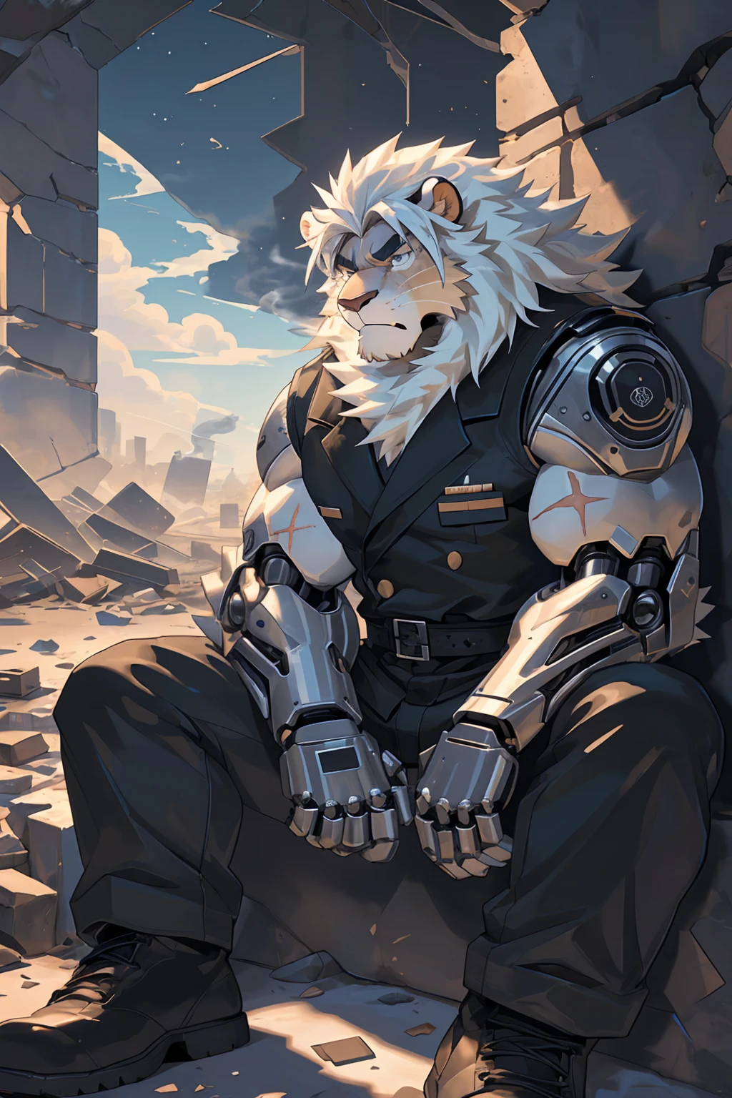 (male focus, Handsome 1boy, single, solitary:1.3), Imperial General，protrait photo, (Black claws,Black nails:1.4), (Black thick eyebrows, White mane:1.2), (White ears:1.4), (White hair, White skin, White body:1.4), (Perfect black eyes,:1.4), 
, Semi-mechanized, lion, lion boy, lion body, (big eyes, large eyes:1.3), Chubby, Larger face, (White tail, lion的尾巴:1.2), Human feet, 
(Black military uniform, Black tie, Black leather belt, Black military boots:1.3), Black gloves, (Ragged clothes, Tattered pants:1.2), (Mechanical arm:1.3), 
(full body:1.3), Whole body, (Mature men:1.3), muscle, Strong male, muscle男, (Stout legs:1.3), (sitting, Sitting by the wall:1.3), (Looking at each other, Focus, Eyes gaze:1.2), (Serious expression, Fierce expression, A vicious look:1.3), (It's covered in scars, Bleeding:1.2), The mechanical part is smoking, Mars, 
full background, (Loess surface, shattered wall, ruins, Smoke, Dark clouds, Debris:1.2), 
Mysterious and romantic atmosphere, Caustic lines(refraction, polarization)Perfect anatomical structure, absurd, Detailed background, Delicate eyes,Printing style。（artist:Takemoto Arashi）