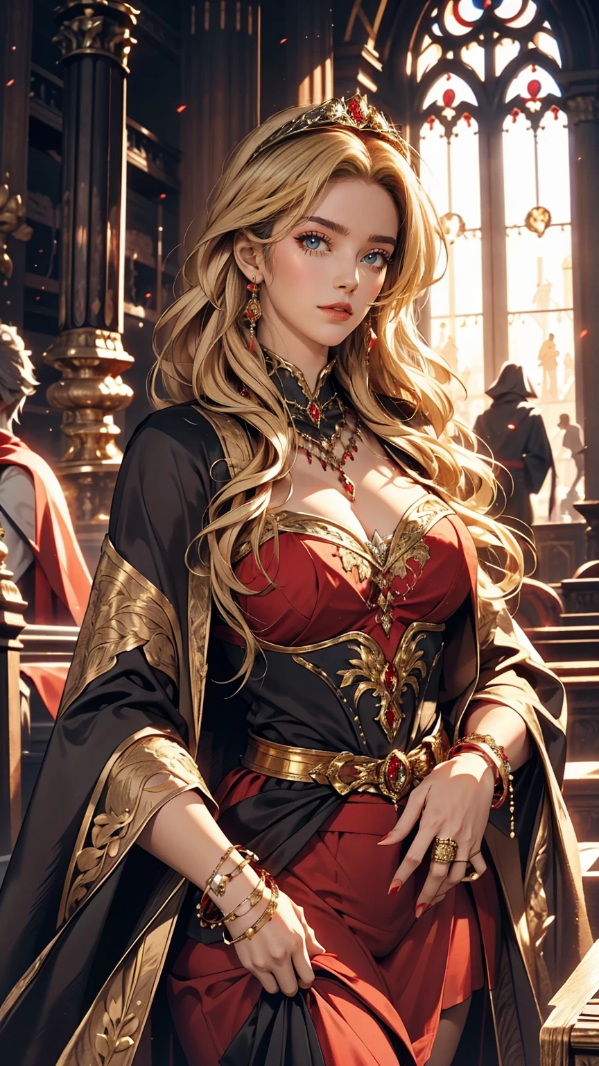 Dark Souls, Dim Light, Old Church, Mature Woman, slim, expensive, Long blonde curly hair, Long black cape, Red leotard with long skirt, Long skirt with diamonds, Gold bracelet, 8k, Official Style, European aristocracy, 