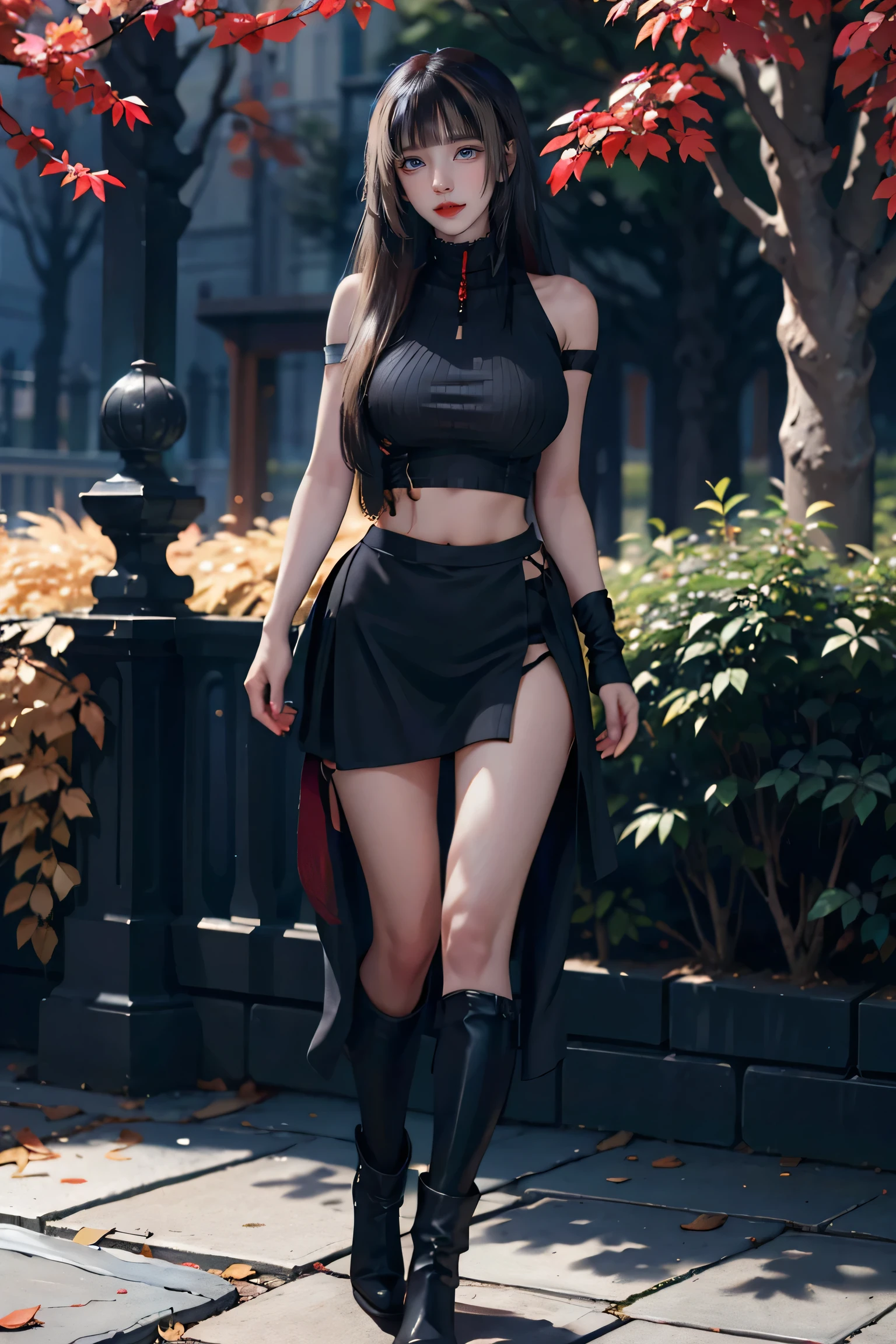 (masterpiece:1.4),(highest quality:1.4),(High resolution:1.4),Confused,intricate detaileds,(highly detaileded skin:1.2), Unity 8k, Gorgeous young woman posing for an autumn photoshoot, Photorealism, (Gorgeous face:1.4),(detaileded eyes:1.4), dark eye Compensate, Compensate, Surreal, Posing in a forest of autumn leaves, Long curly hair cascading down her back, Slender curvaceous body,Beautiful Hips, high waisted black leggings, Ankle boots, Loose cropped turtleneck sweater , Dark and shadowy, addition_detailed, ((Big Breasts))