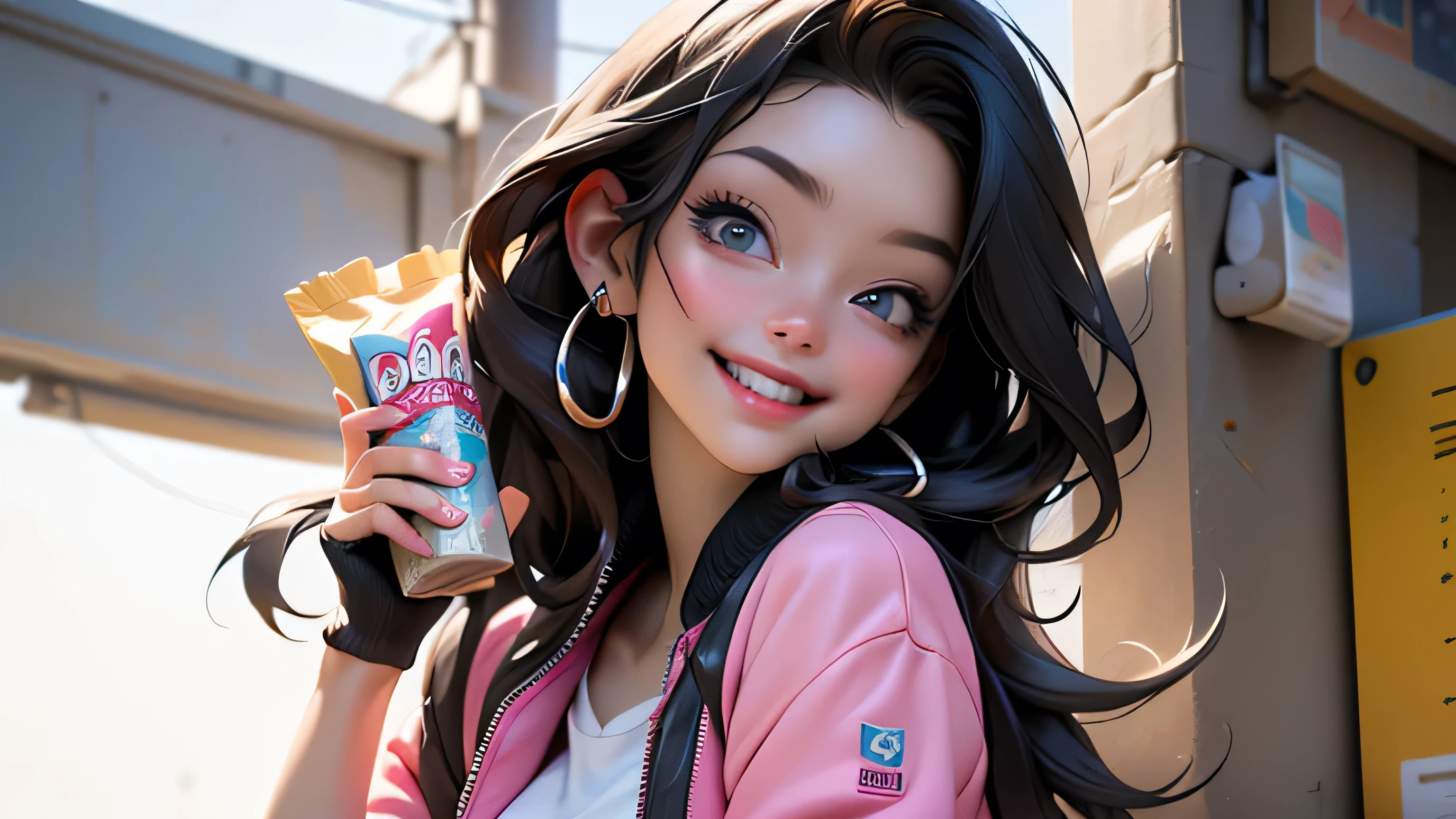 ((Best Quality, best resolution, award-winning portrait, official art)), ((perfect Masterpiece)), ((Realistic)) and ultra-detailed photography of a 1nerdy girl with goth and post apocalyptic colors. She has ((long whispy long Black-colored hair)), wears a (Pink Bomber Jacket with a white Tshirt and a Black Crop top) and a (Harajuku-inspired shorts:1.2) , ((the most beautiful and sexy aesthetic)), Holding a bag of chips, Show the whole body, Leaning back, Head tilt, winking, laughting, white background, Smiling. Knee high socks,  Dynamic pose Full Body, falling from sky