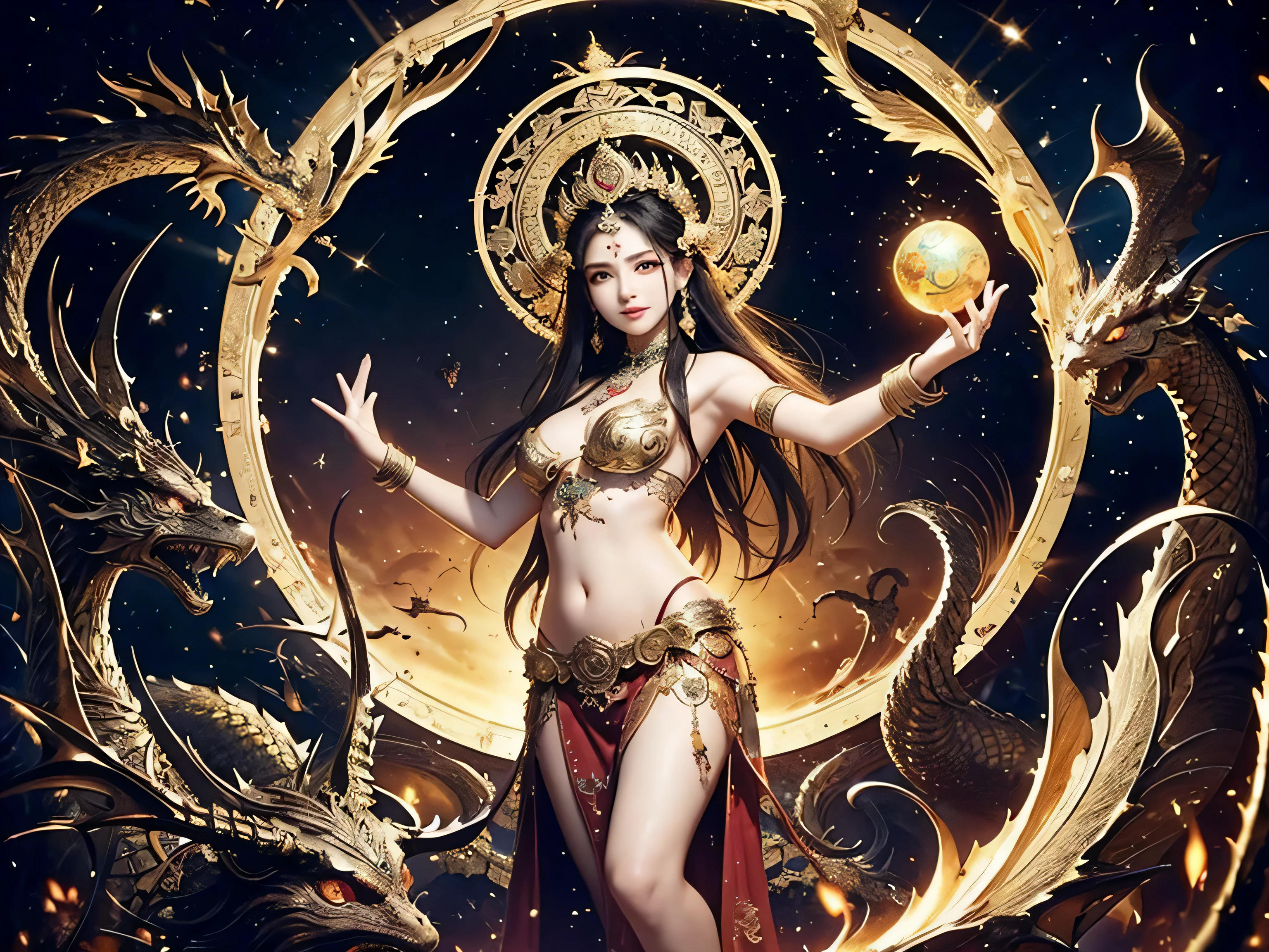 high resolution、Very detailed、8K、All hands、Beauty、The goddess、Gorgeous costumes、Luxurious ornaments、Belly Dancer、Asura statue、Bishamonten、Demon King、Extremely fantastical、Spiritual World、Buddhism、Esoteric Buddhism、Mandala Background、Dragon and Phoenix