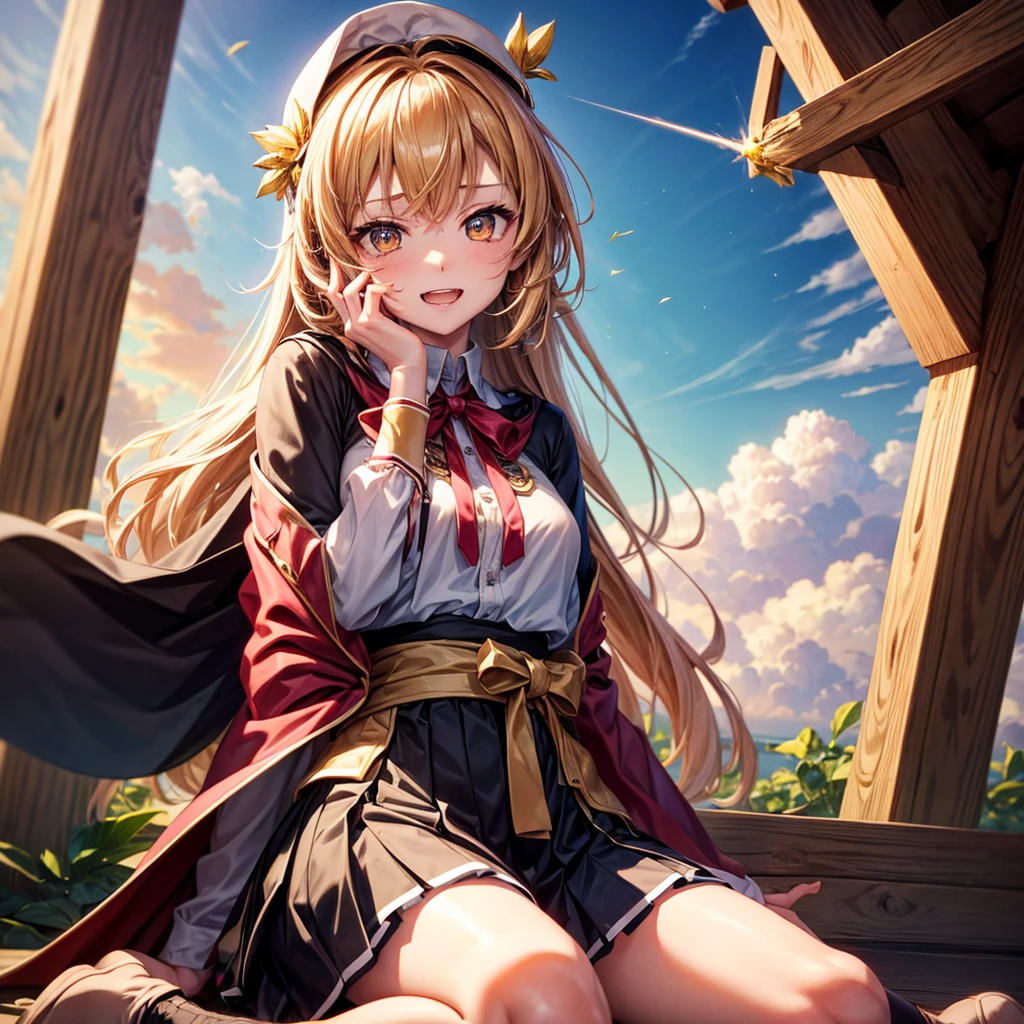 Pink gold golden hair、Golden Eyes、Braid、One good looking girl、solo、anime、Checkered mini skirt、Ruffles on the skirt、Red T-shirt、Cape、Gothic、Black knee-high socks、bandana、Wearing a ribbon、Ribbon on waist、Tilting face、Teeth are visible、Sunset sky、Piercing the clouds、Contrail、tree、Touching your face、lotus leaves、Cumulonimbus、Pillar of Light、Magic wand、Sitting on a golden treasure chest、Throb