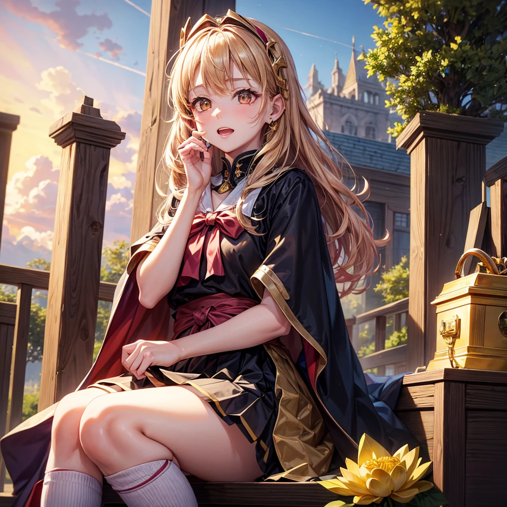 Pink gold golden hair、Golden Eyes、Braid、One good looking girl、solo、anime、Checkered mini skirt、Ruffles on the skirt、Red T-shirt、Cape、Gothic、Black knee-high socks、bandana、Wearing a ribbon、Ribbon on waist、Tilting face、Teeth are visible、Sunset sky、Piercing the clouds、Contrail、tree、Touching your face、lotus leaves、Cumulonimbus、Pillar of Light、Magic wand、Sitting on a golden treasure chest、Throb