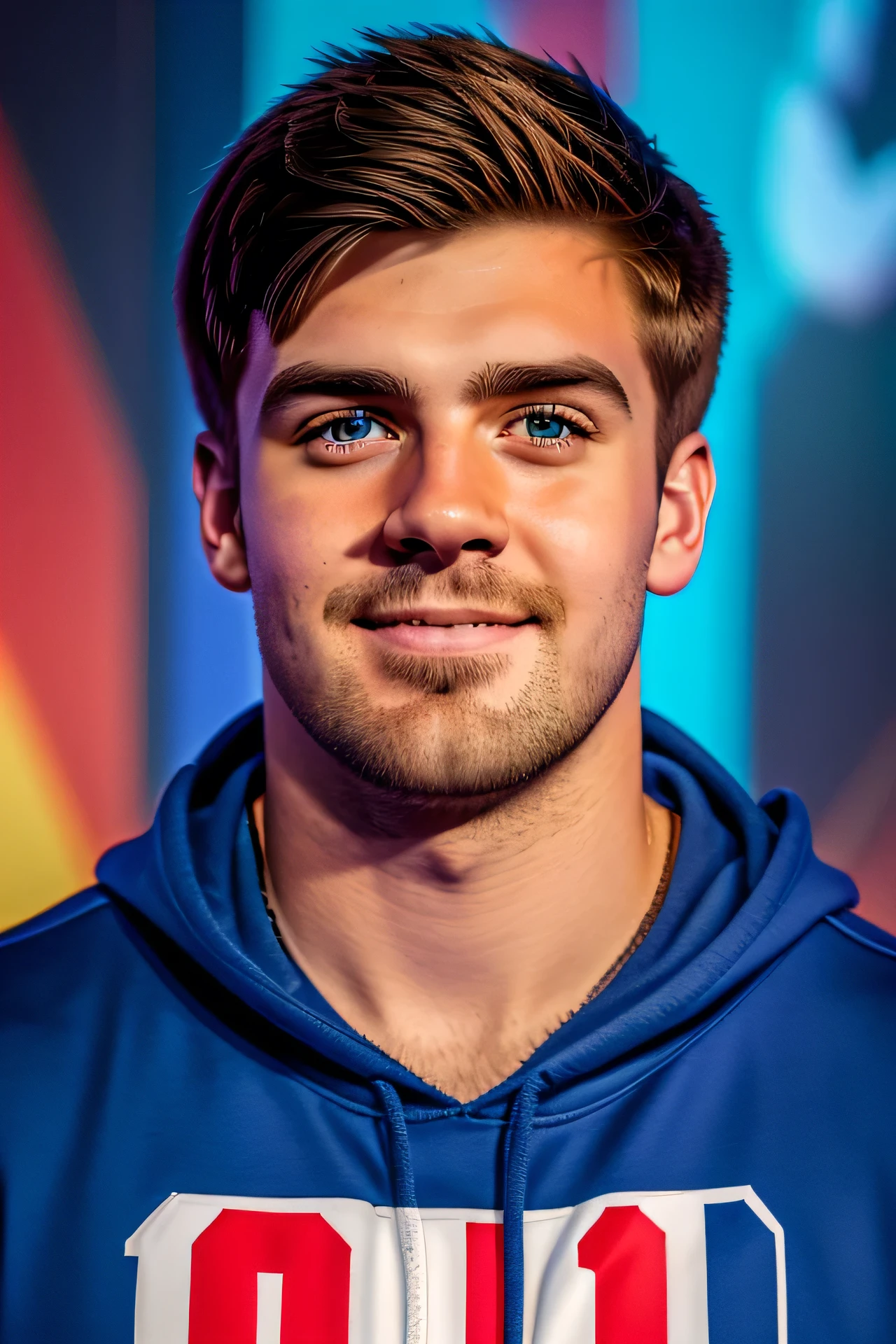 American Youtuber Mr. Beast, half body shot, detailed face, detailed representation of the face, detailed eyes, high quality, high resolution, best image, whole body shot wearing outfit, facing the audience, 8k, high quality, colorful background