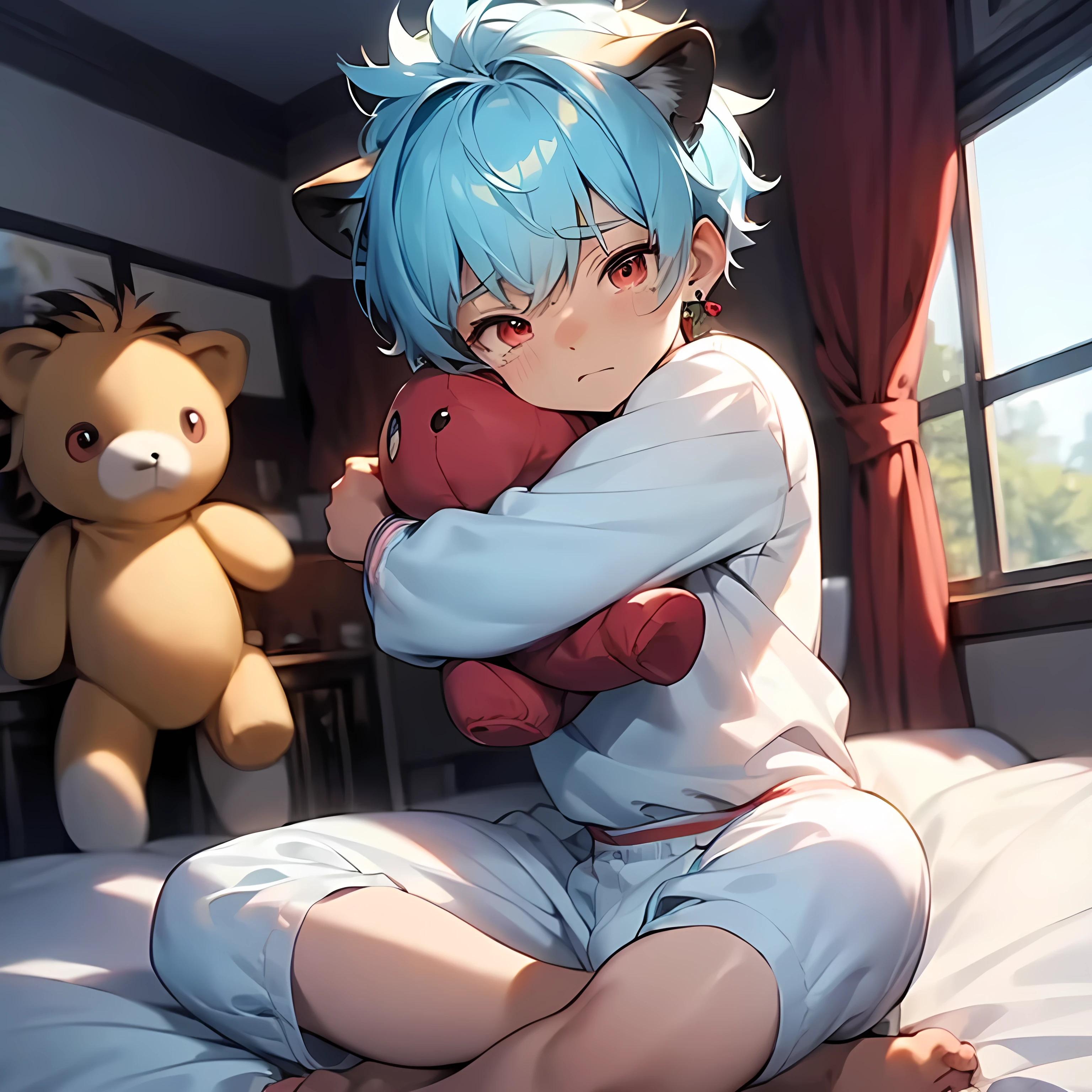 (boldline:-1.6), (indian style sitting on bed:1.5), (raising one leg:1.5), (hugging stuffed toy:1.6), BREAK (cute lion stuffed toy:1.5), (best quality:1.5), (absolutely resolution:1.5), (ultra detailed:1.5), (masterpiece:1.5), (perfect face:1.5), (detailed face:1.5), (detailed eyes:1.5), (cute face), (shota:1.65), BREAK (white pajamas:1.5), BREAK (cute animal pattern:1.5), (bulge:1.5), (skinny:1.3), (spiked hair), BREAK (light blue hair:1.5), (wine red eyes:1.4), (half closed eyes:1.3), (eyes with high light), ((mole under eye)), (sweaty skin), BREAK (anguish:1.5), (crying), ((earrings)), (shiny skin:1.3), BREAK (bed room:1.8),
BREAK (brown bed sheets:1.5), (large window:1.5), (at twilight:1.5), (((wind blowing))), from below, wide angle,