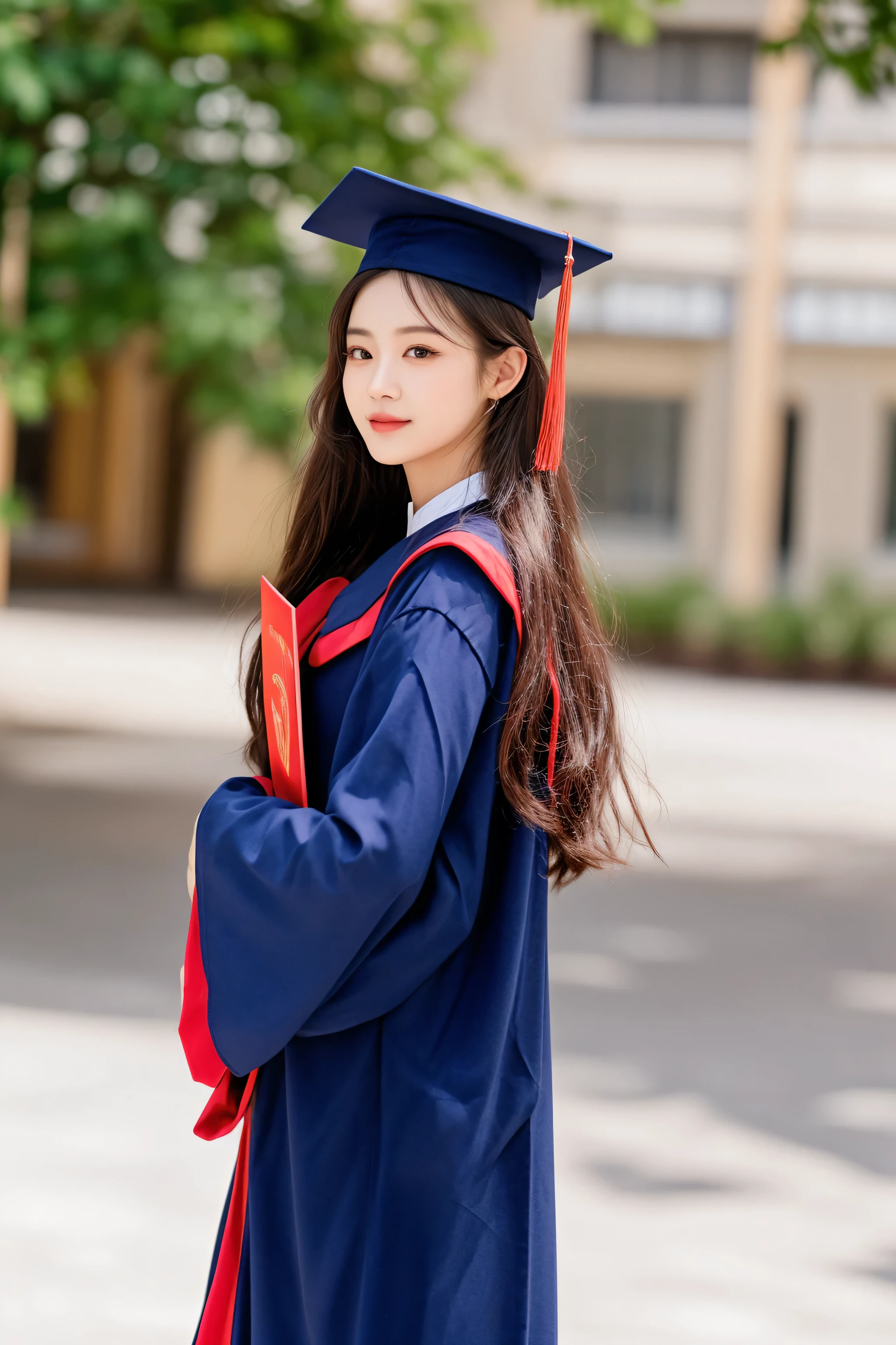 there is a woman in a graduation gown and cap posing for a picture, wearing an academic gown, graduation photo, wearing long gown, student, asian girl with long hair, young asian girl, chinese girl, closeup portrait shot, portrait shot, photoshot, a young asian woman, dressed with long fluent clothes, college, mid shot portrait, post graduate