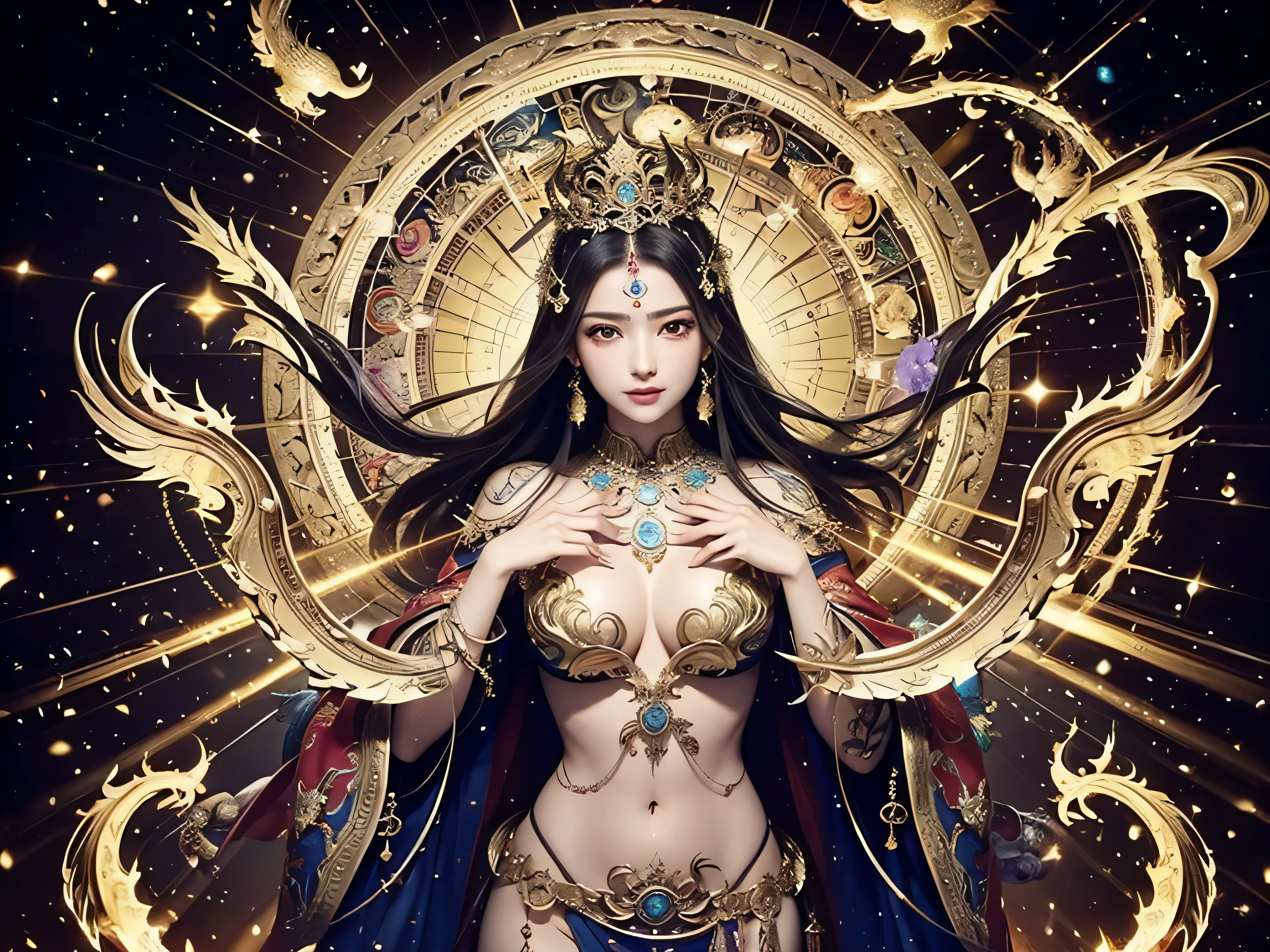 (masterpiece, Highest quality, Highest quality, Official Art, beautiful and aesthetic:1.2), (One girl), Very detailed,colorful,Most detailed, Official Art, unity 8k wallpaper, Super detailed, beautiful and aesthetic, beautiful, masterpiece, Highest quality, (zenTangle, Mandala, Tangle, enTangle) 、,Gold foil,Gold leaf art,Sparkly Painting, Perfect NwsjMajic、Has a large crystal、Amaterasu Omikami、(naked)、fortune teller、Love Advice、Golden Room、 information