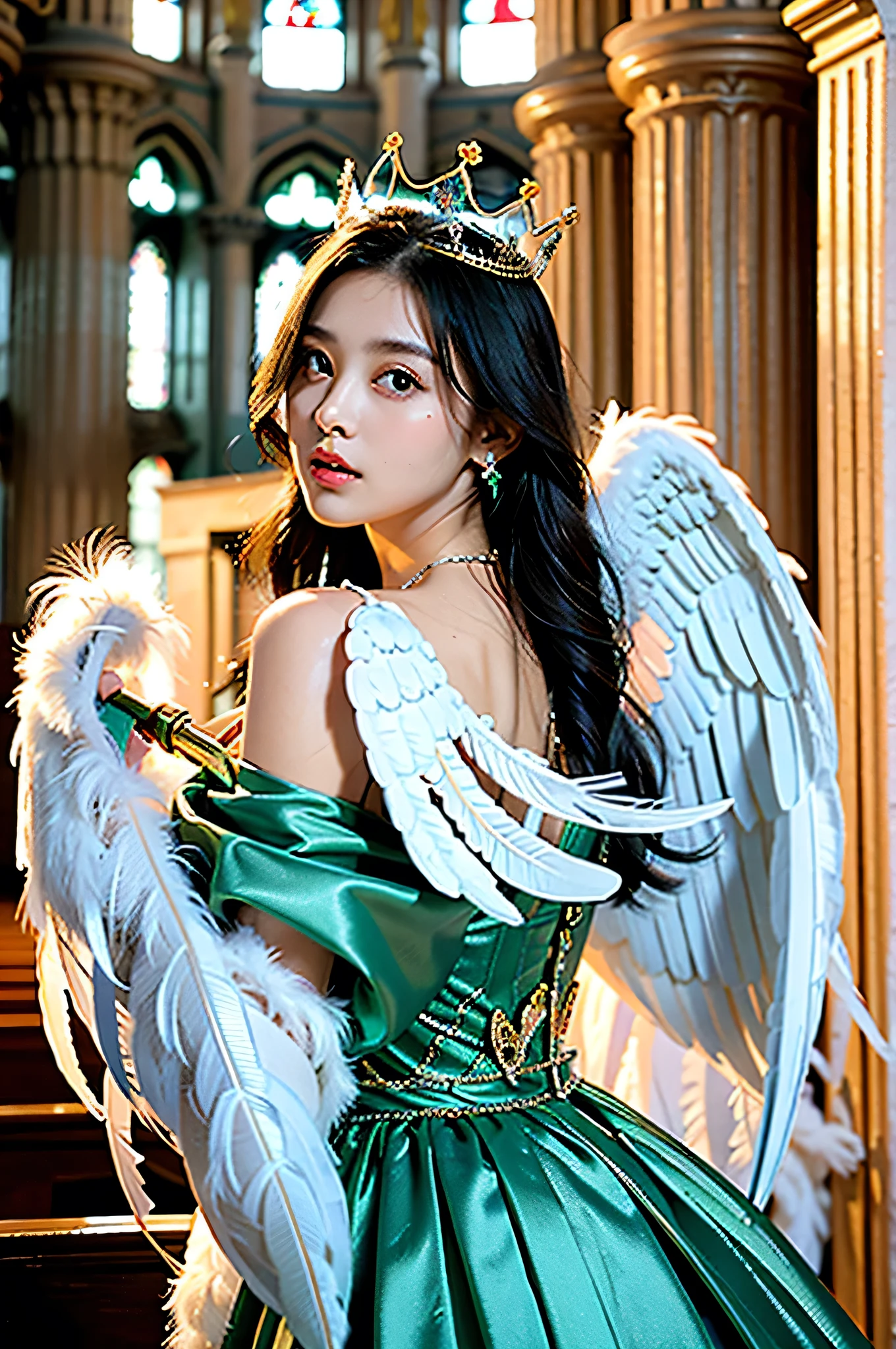 ((whole body)), ((Look forward)), 1 girl, ((Large Breasts)), ((stand up)), ((Inside the church)), ((A gentle gaze)), ((Angel wings on the back)), ((Crown Tiara)), ((Feather coat)), Very detailed, highest quality, Emerald Earrings, Emerald Necklace,