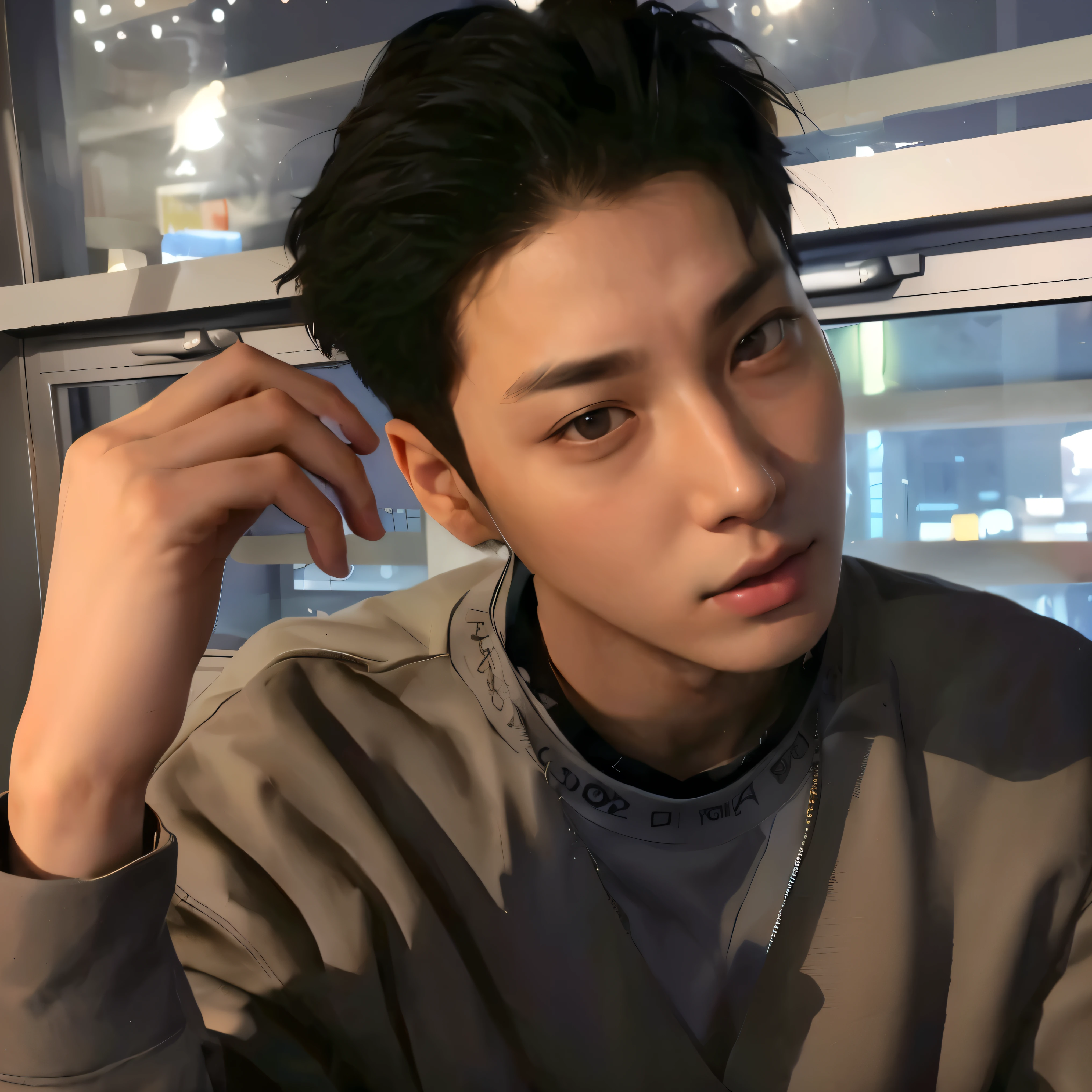 there is a man sitting at a table with a plate of food, male ulzzang, jinyoung shin, kim doyoung, south korean male, taejune kim, cai xukun, hong june hyung, wan adorable korean face, jung jaehyun, young adorable korean face, hyung tae, korean artist, shin jeongho, inspired by jeonseok lee